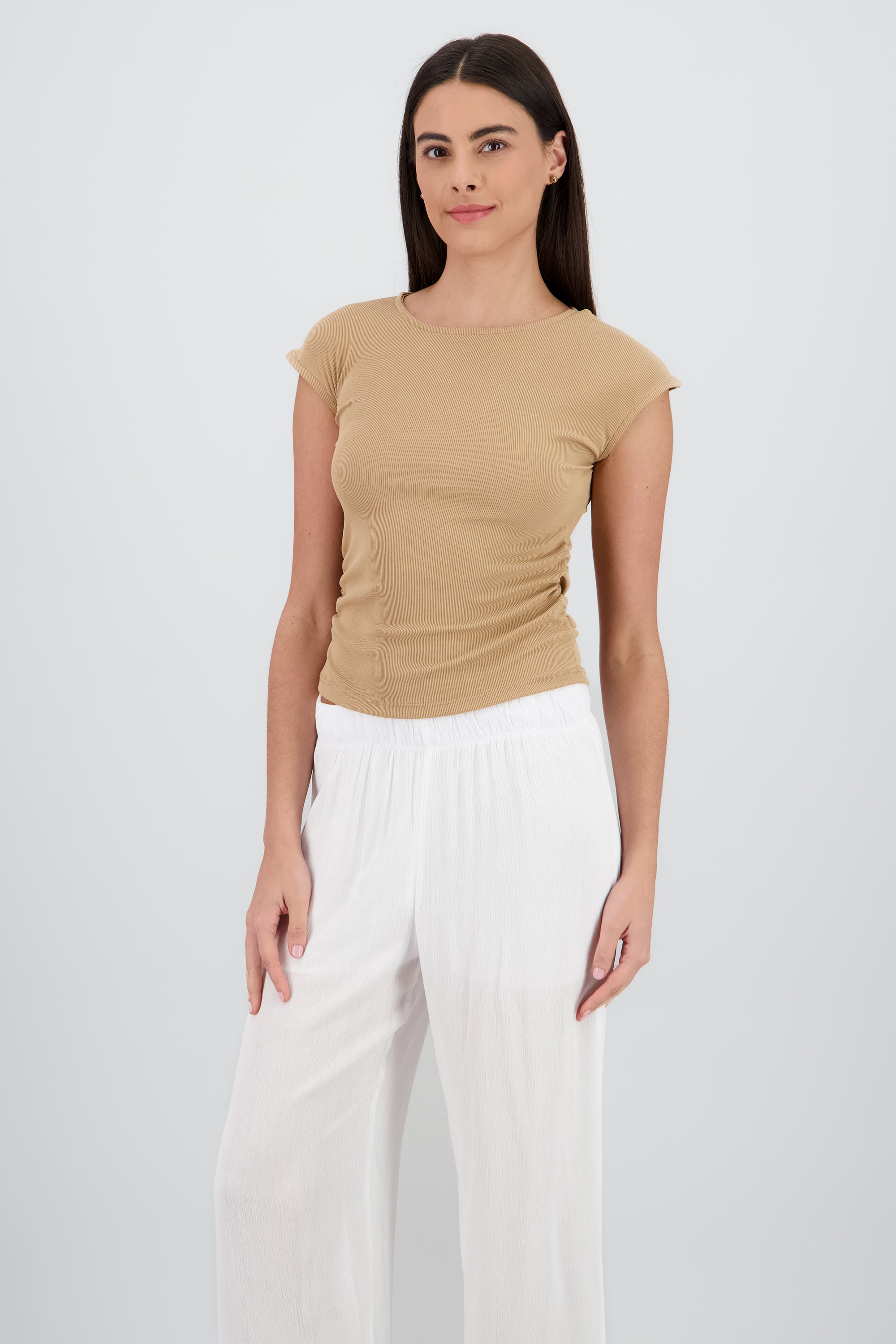 Top cuello alto sin mangas de rib TAUPE