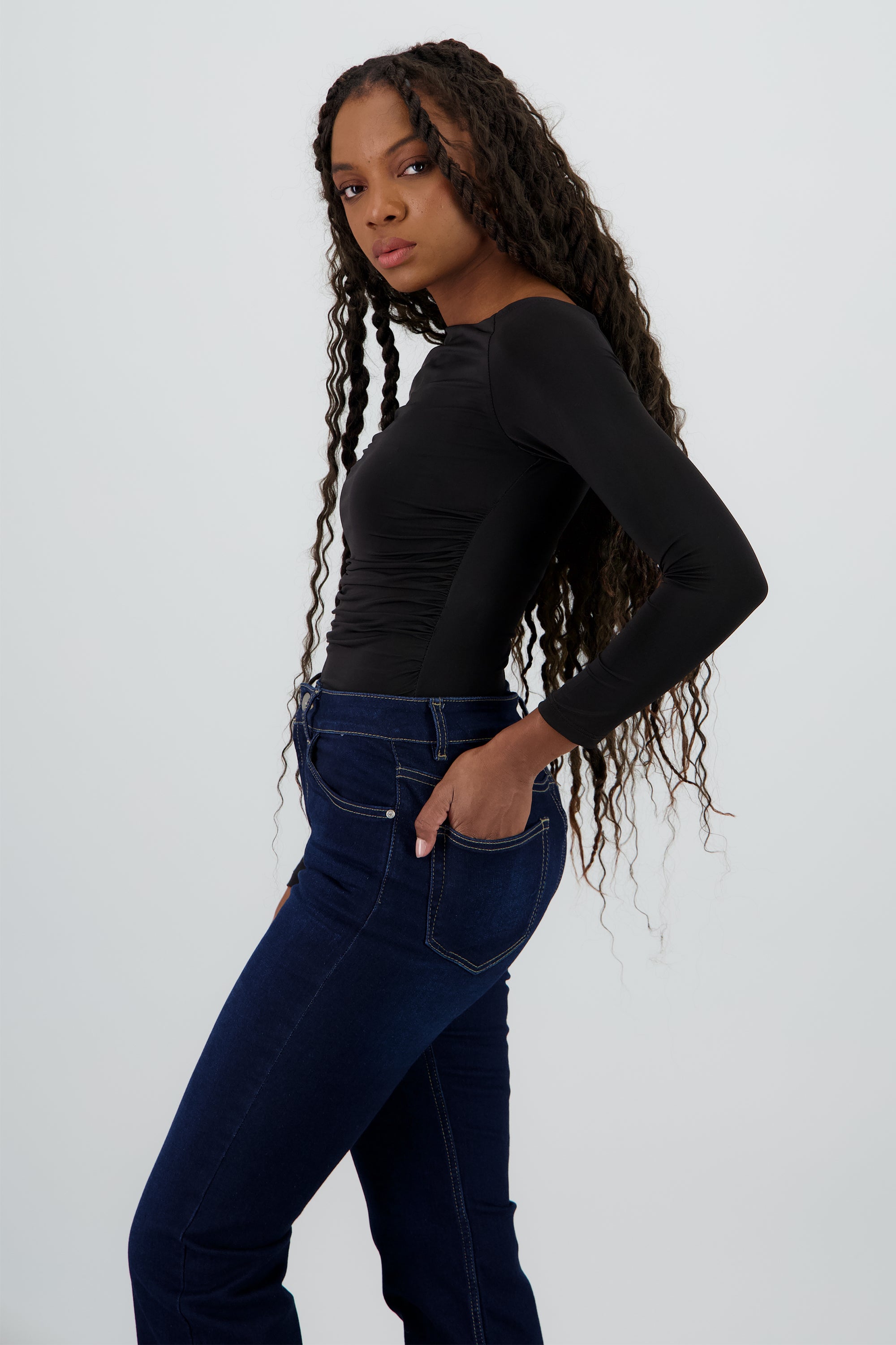 Bodysuit manga larga asimetrico detalle fruncido NEGRO