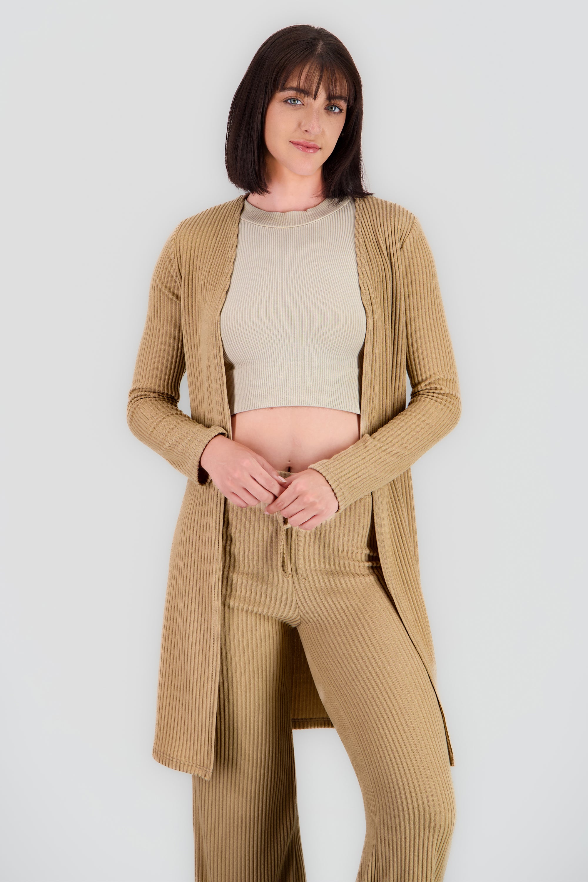 Cardigan manga larga rib suave KHAKI