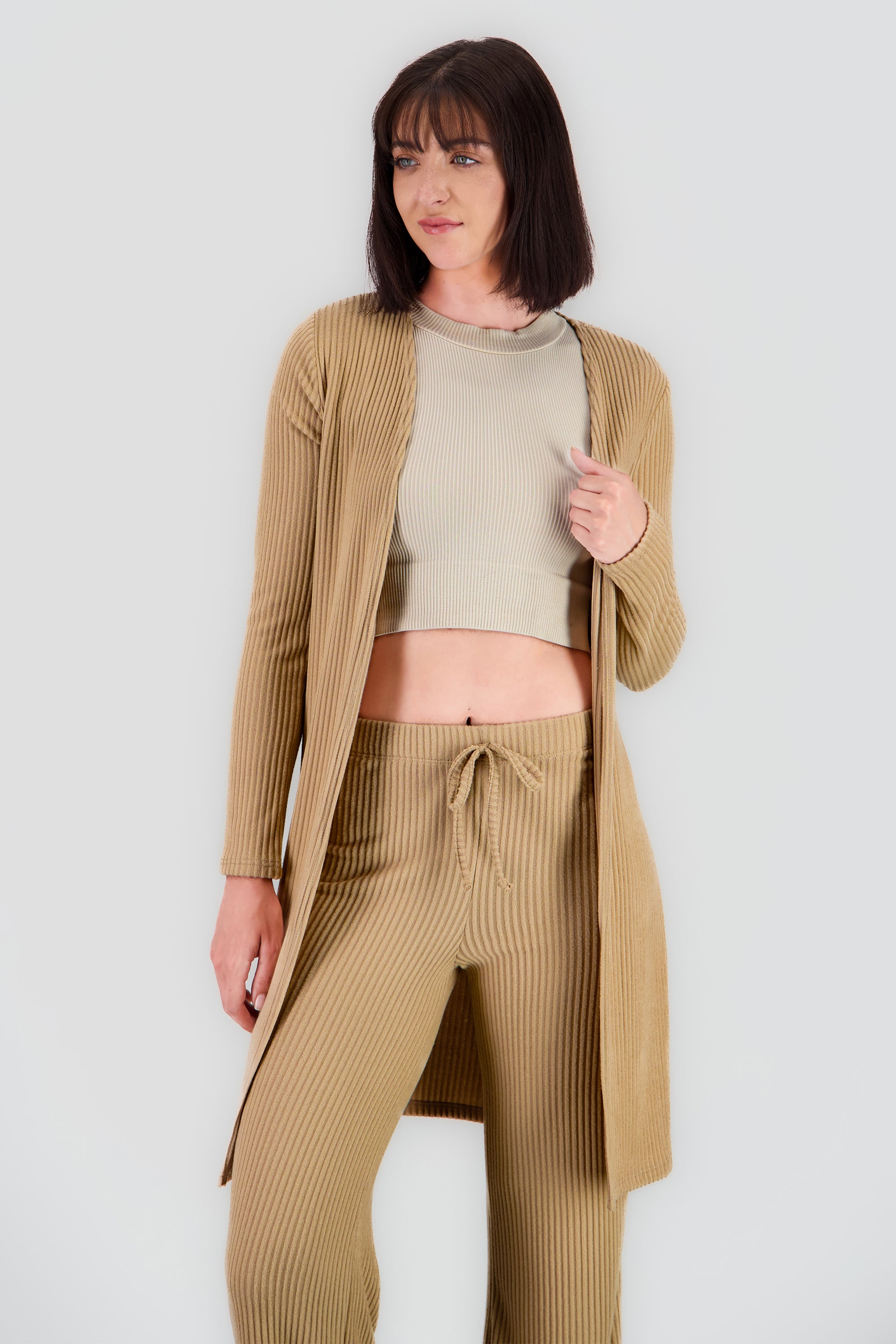 Cardigan manga larga rib suave KHAKI