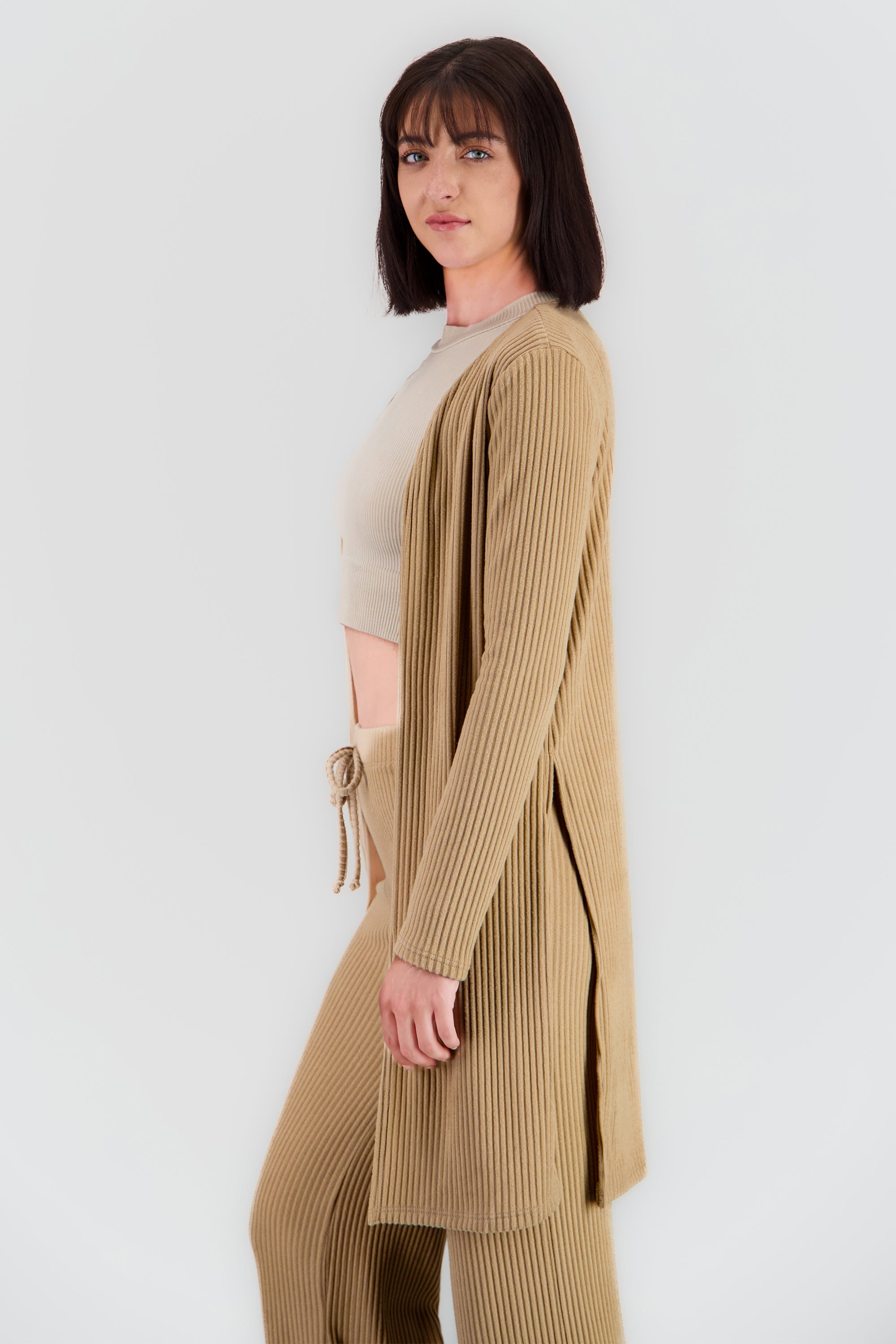 Cardigan manga larga rib suave KHAKI