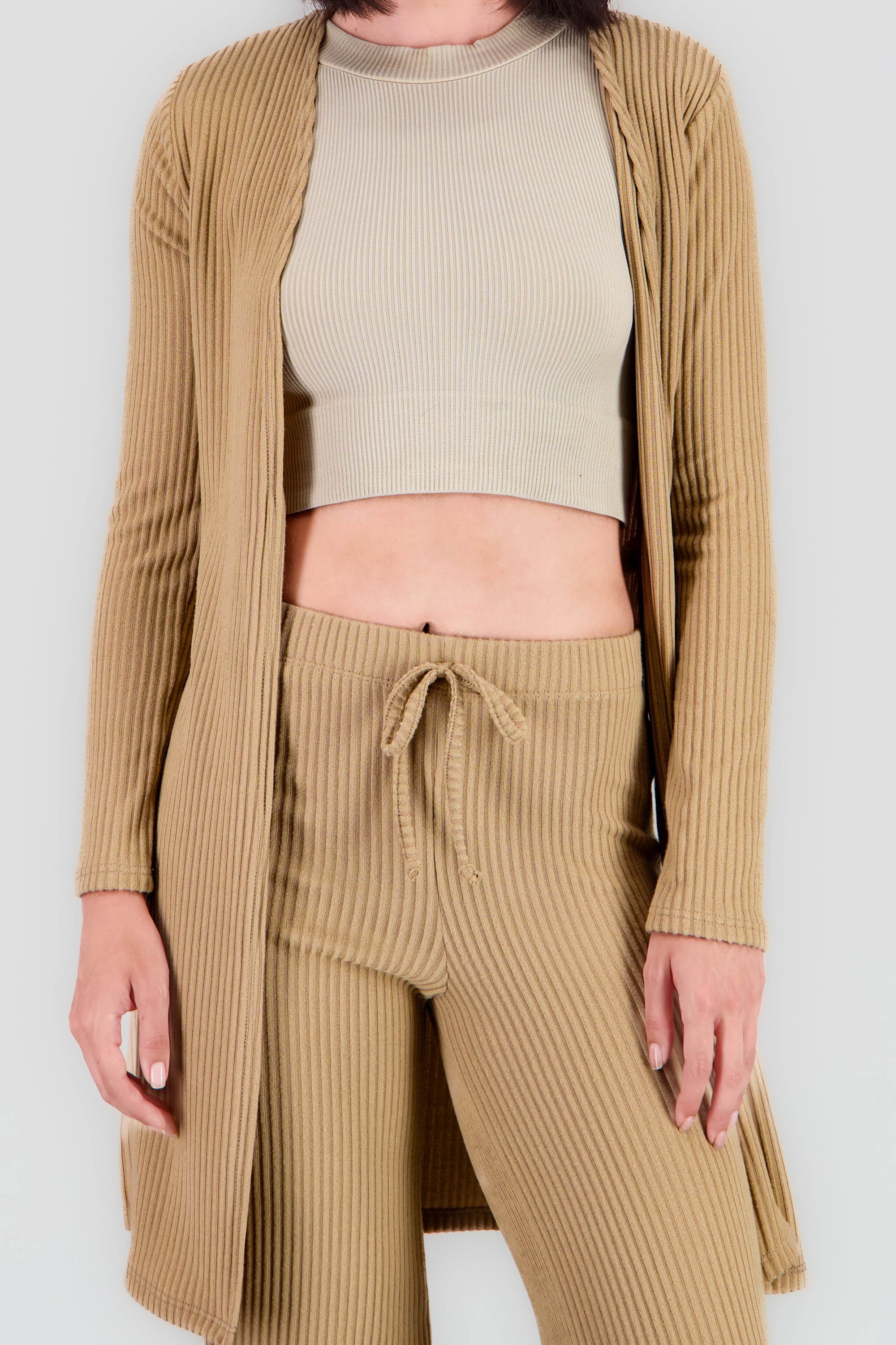 Cardigan manga larga rib suave KHAKI