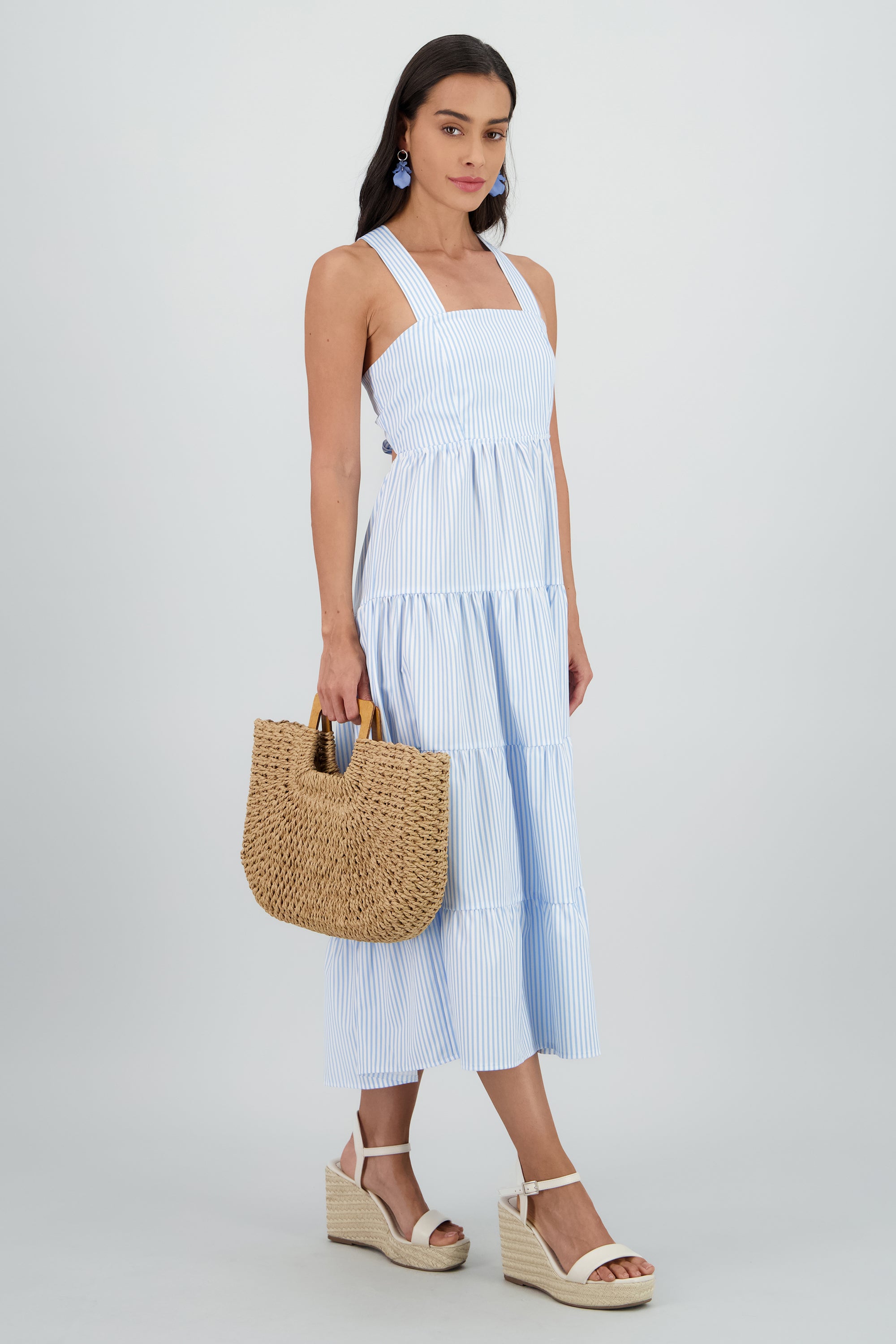 Vestido midi tirantes gruesos olanes AZUL COMBO