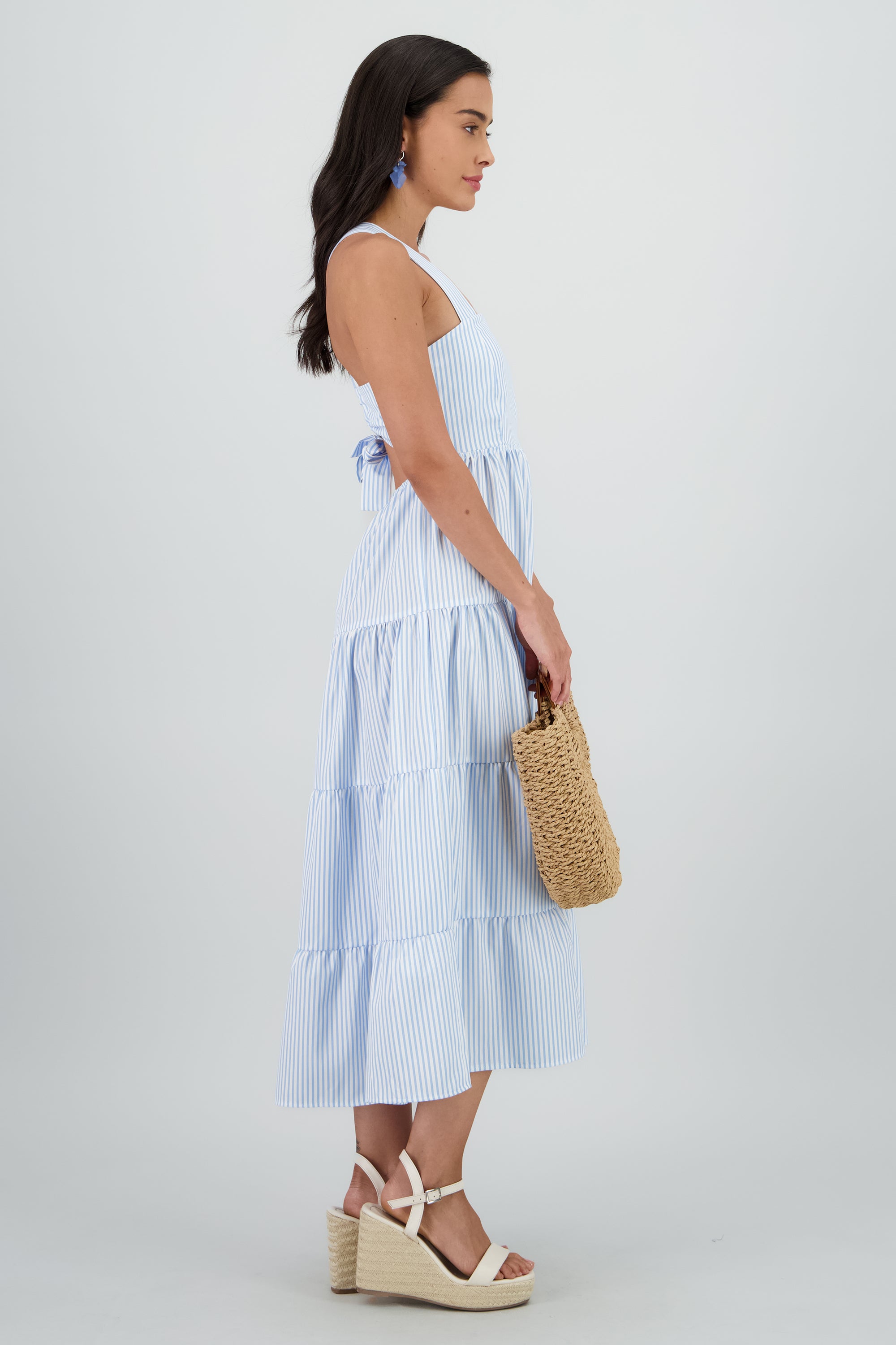 Vestido midi tirantes gruesos olanes AZUL COMBO