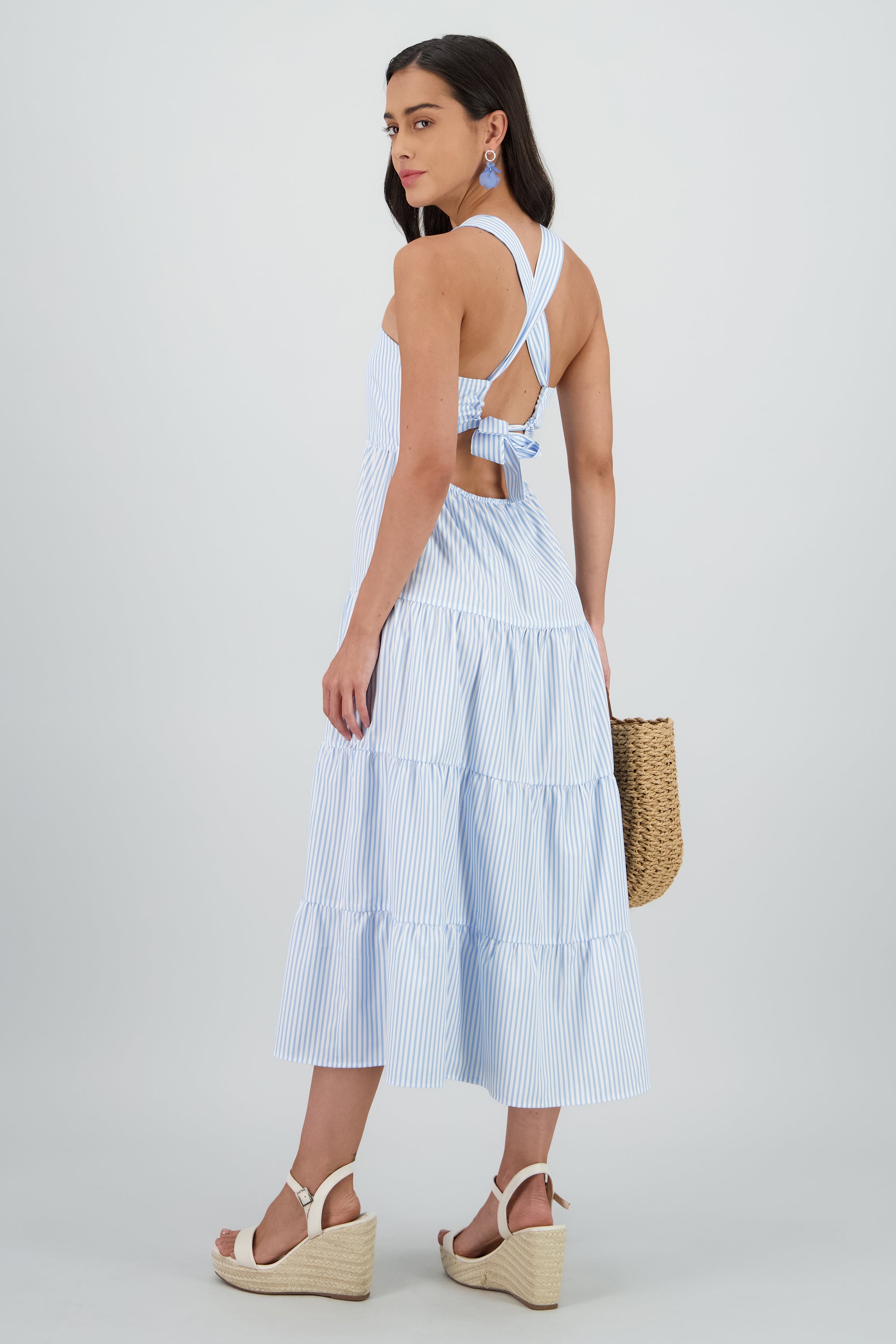 Vestido midi tirantes gruesos olanes AZUL COMBO