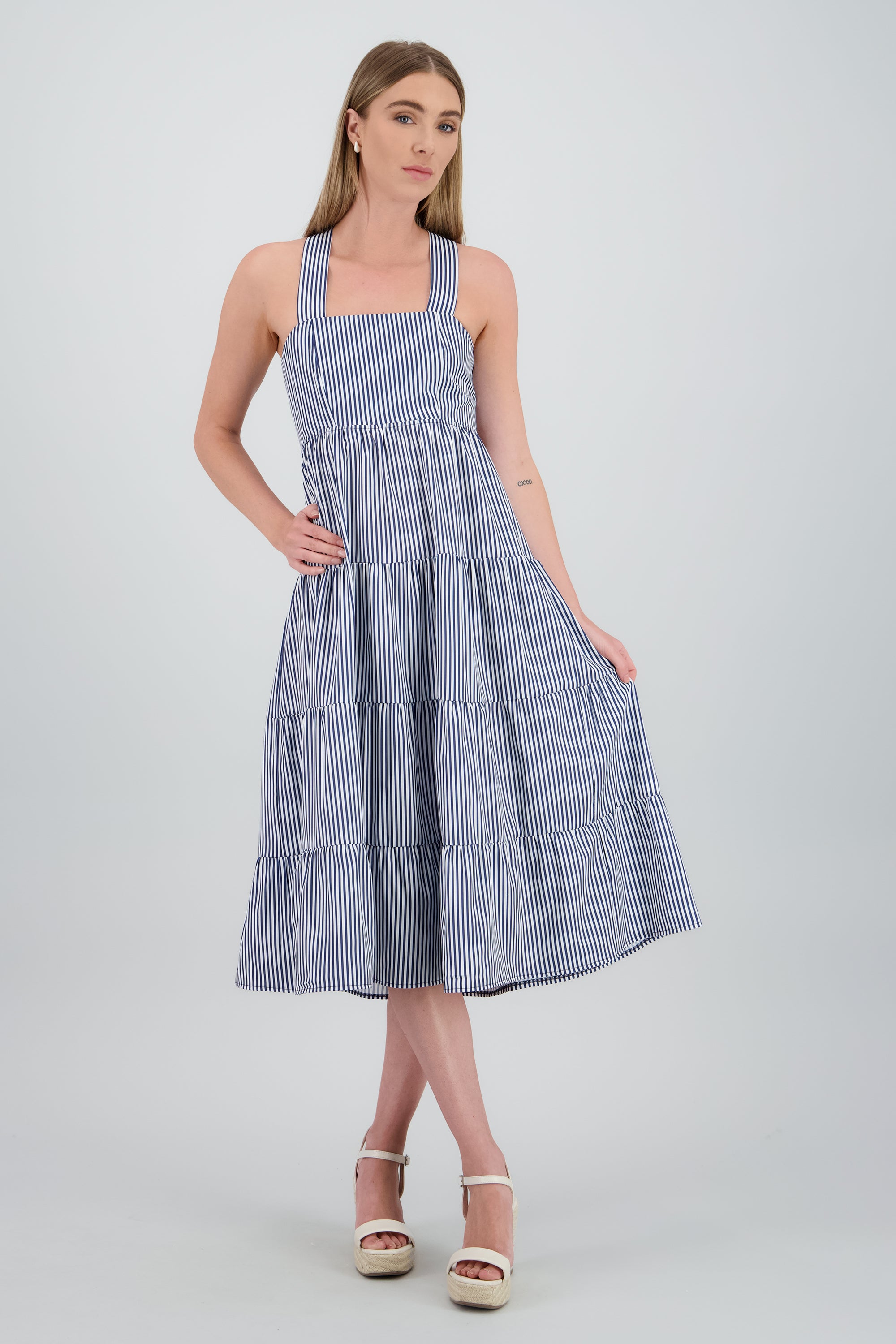 Vestido midi tirantes gruesos olanes BLANCO COMBO