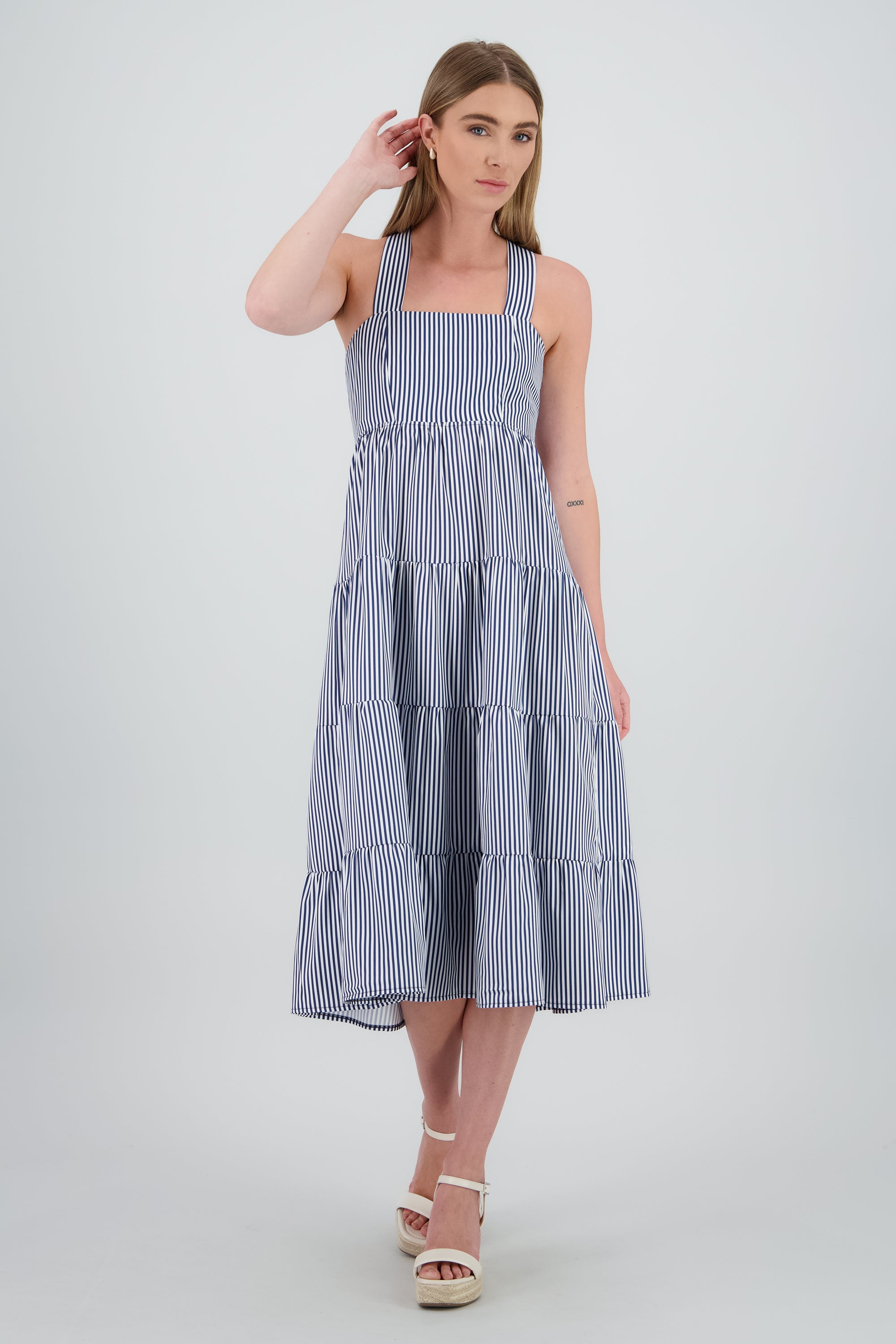 Vestido midi tirantes gruesos olanes BLANCO COMBO