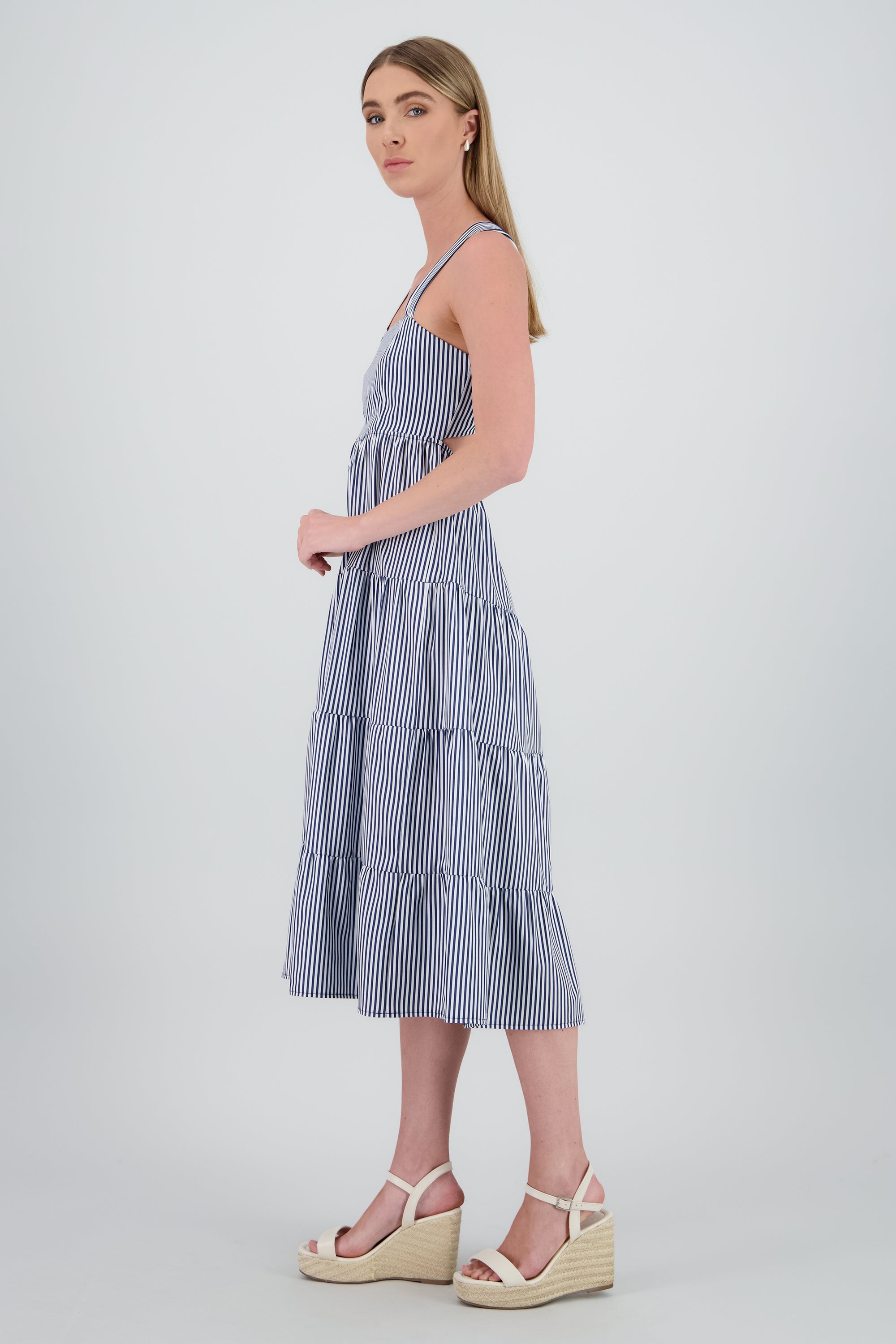 Vestido midi tirantes gruesos olanes BLANCO COMBO