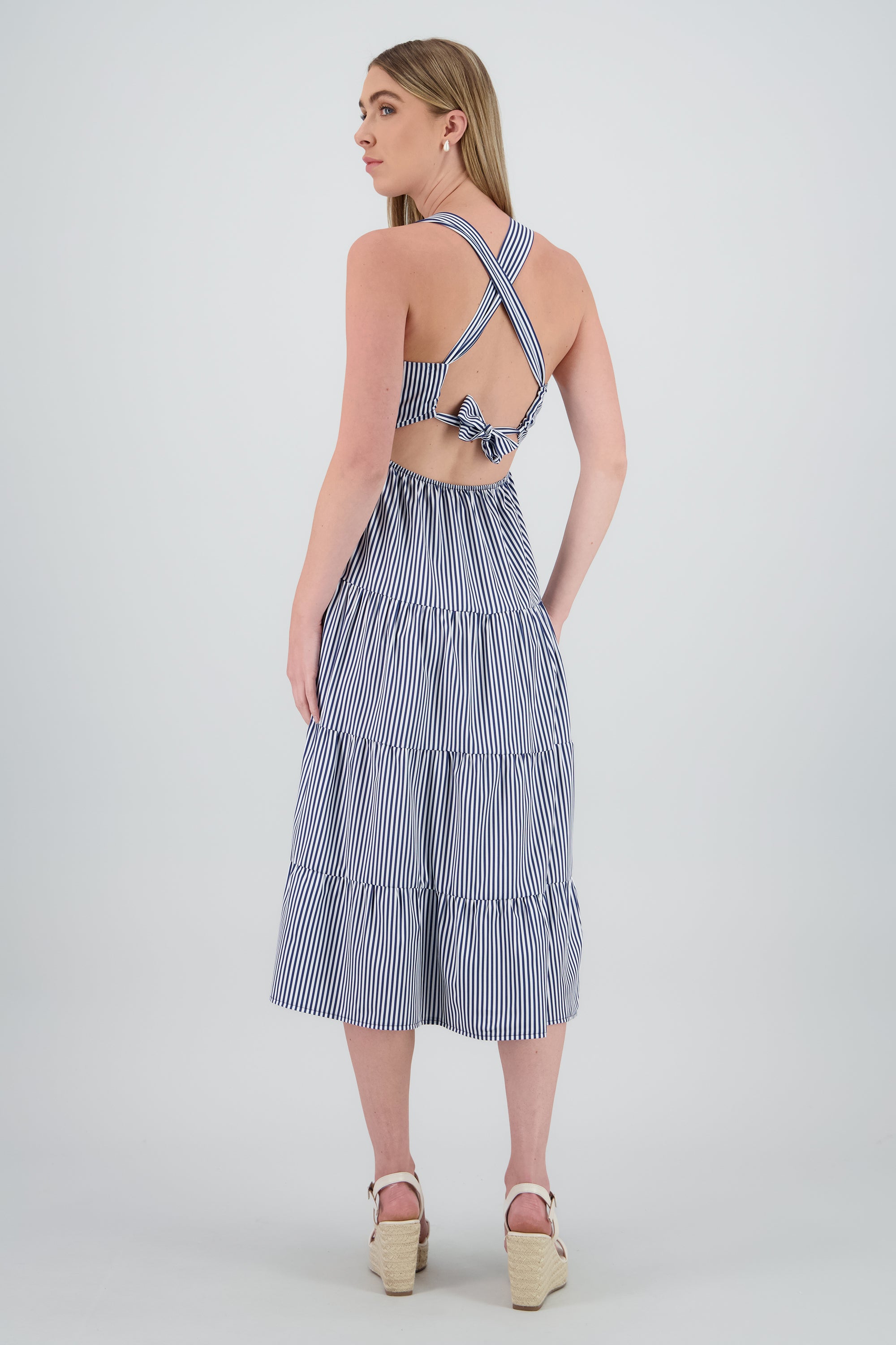 Vestido midi tirantes gruesos olanes BLANCO COMBO