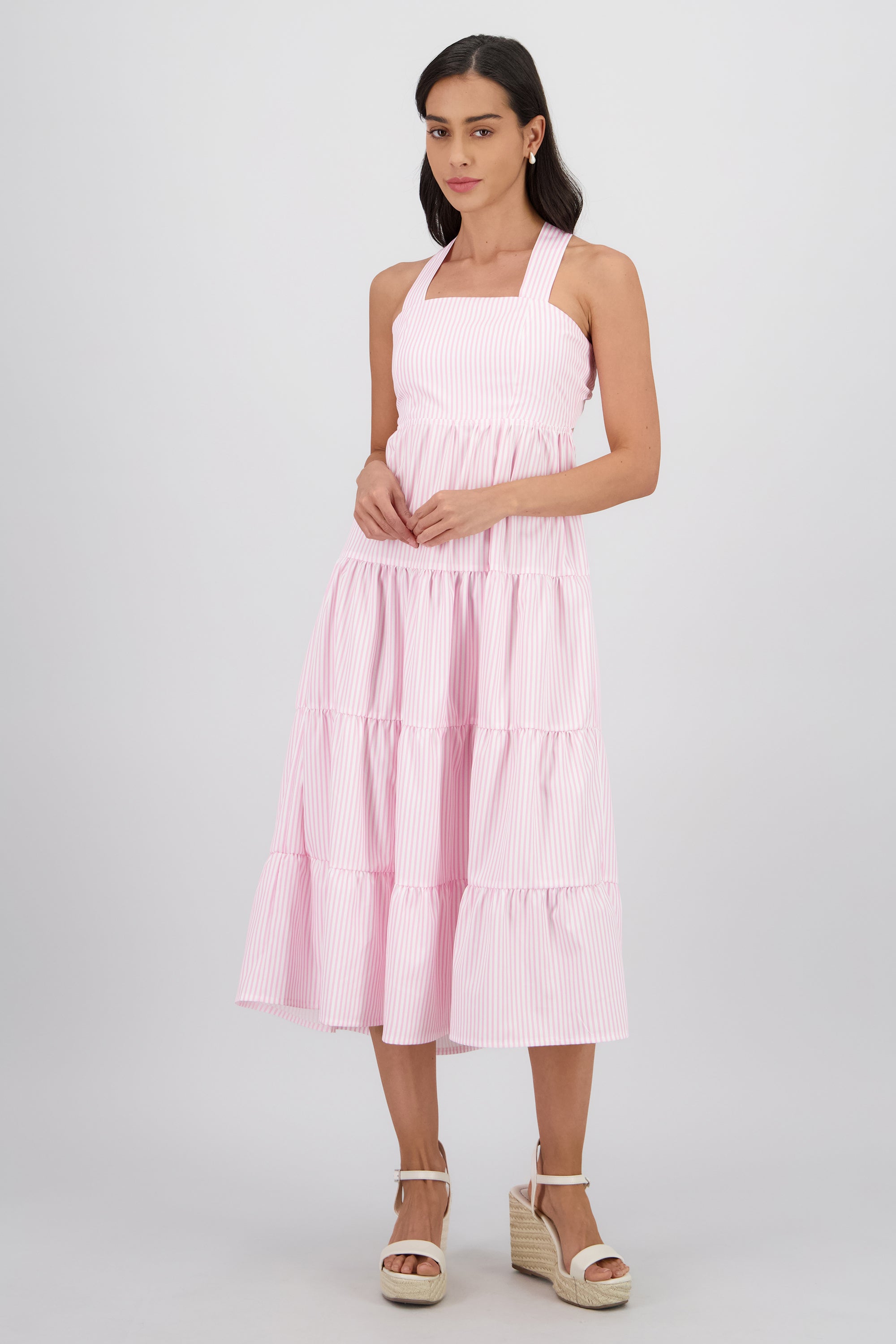 Vestido midi tirantes gruesos olanes ROSA COMBO