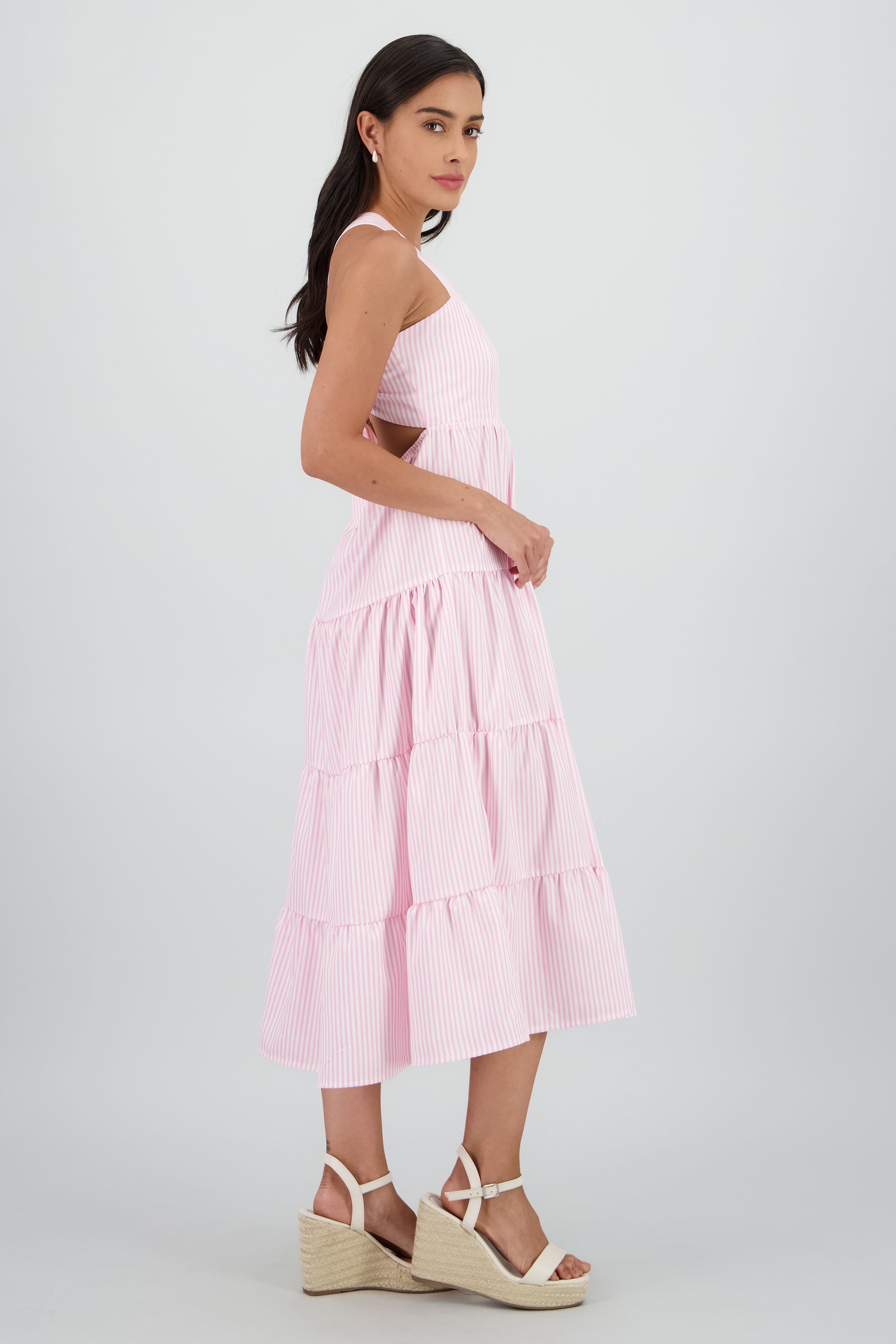 Vestido midi tirantes gruesos olanes ROSA COMBO
