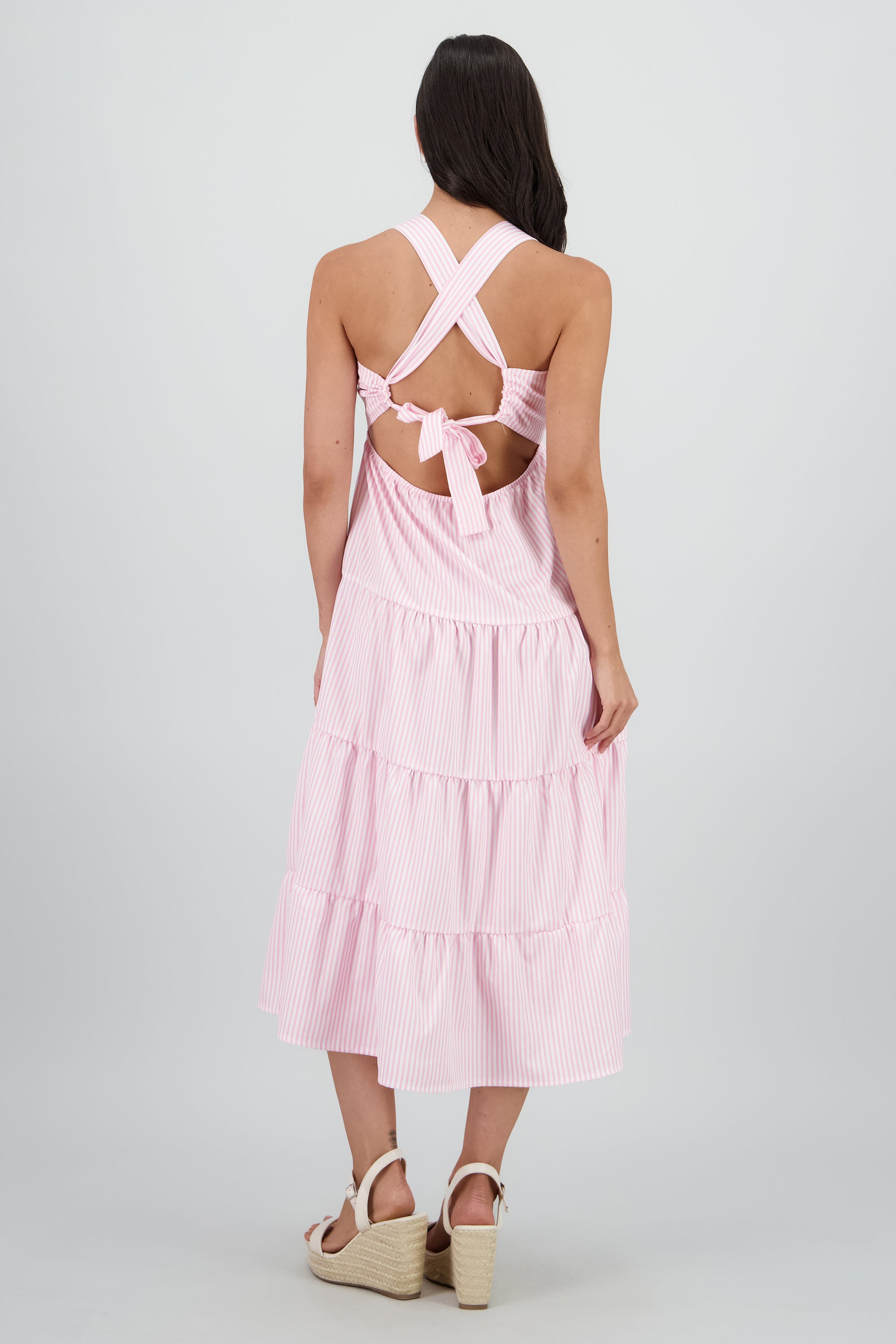 Vestido midi tirantes gruesos olanes ROSA COMBO