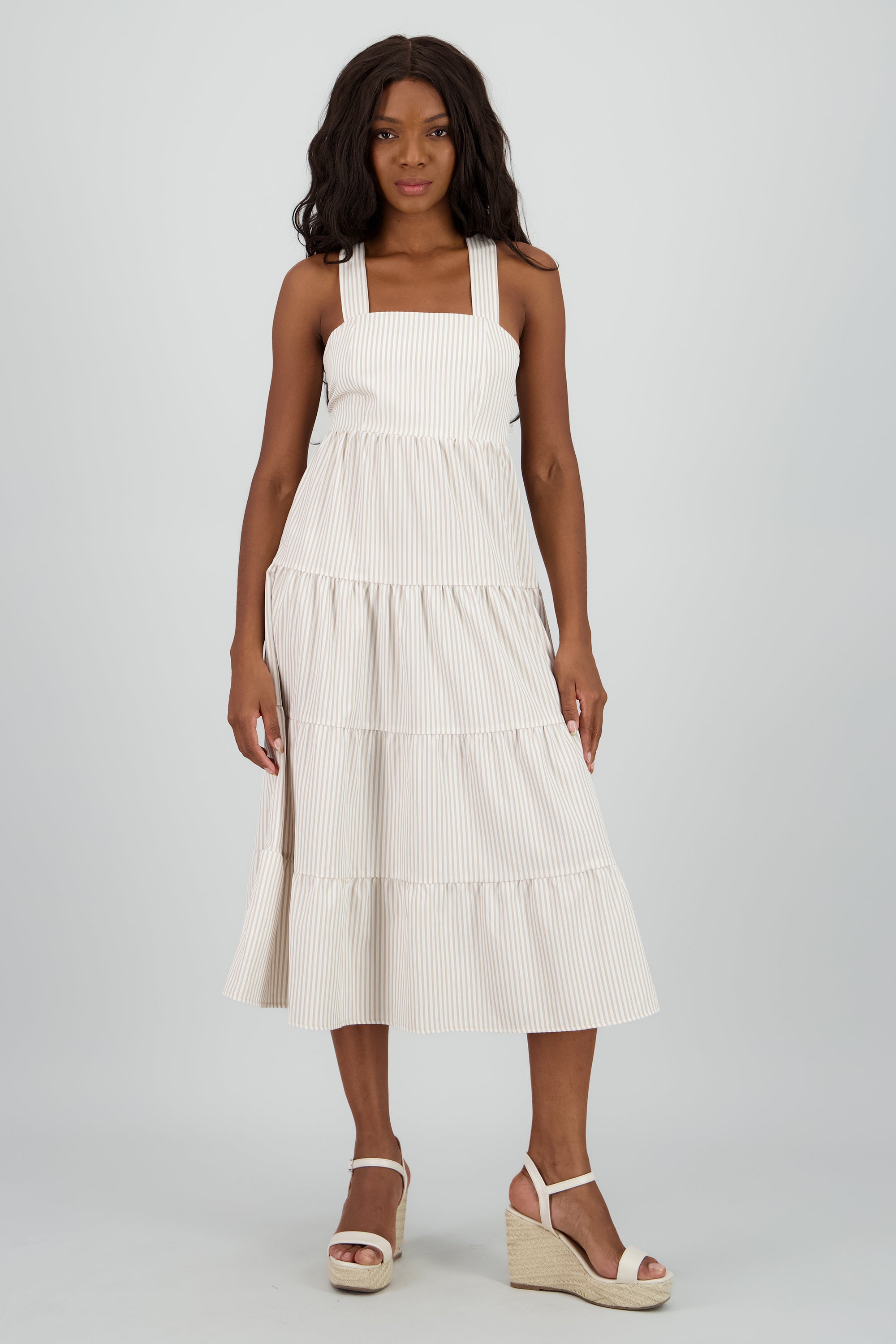 Vestido midi tirantes gruesos olanes KHAKI COMBO