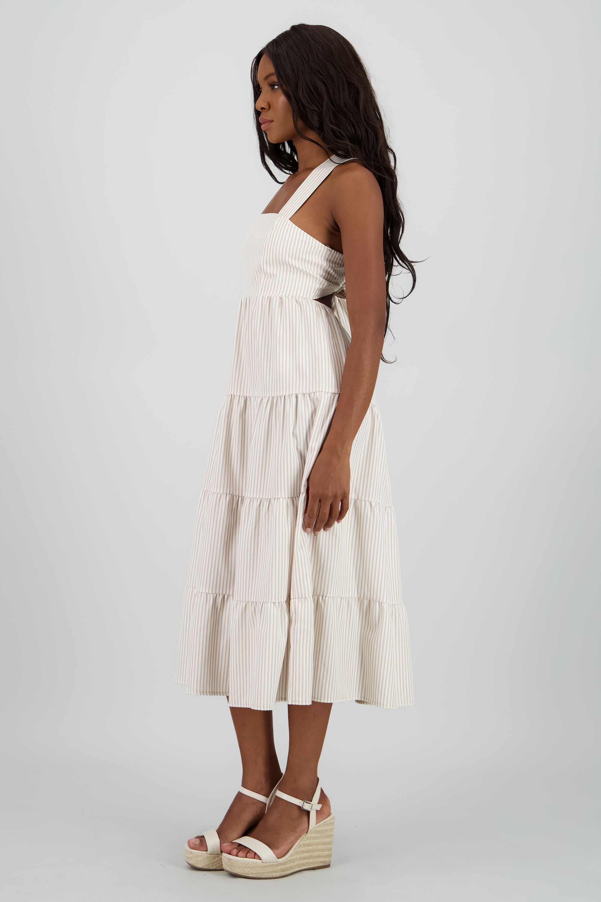 Vestido midi tirantes gruesos olanes KHAKI COMBO