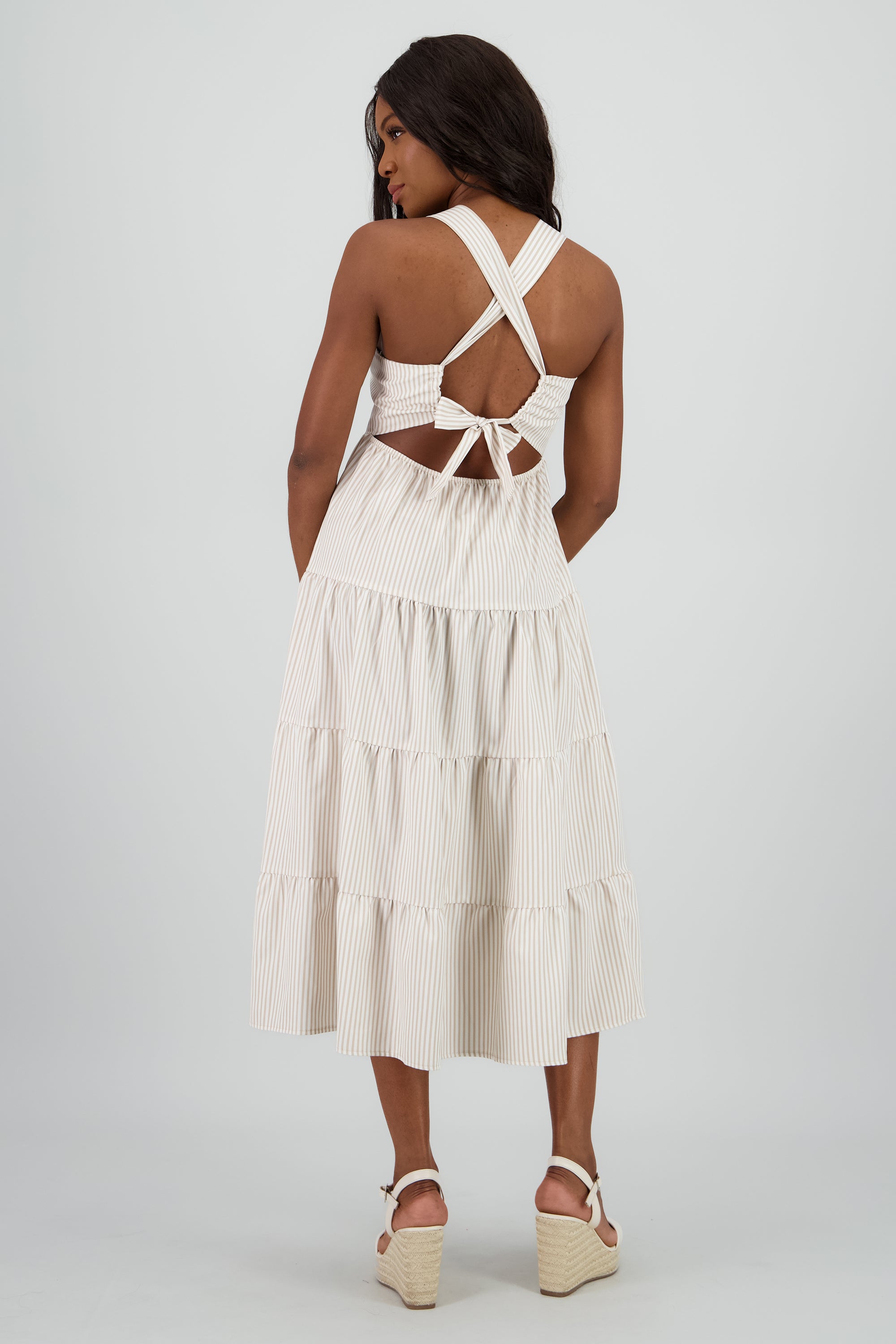 Vestido midi tirantes gruesos olanes KHAKI COMBO