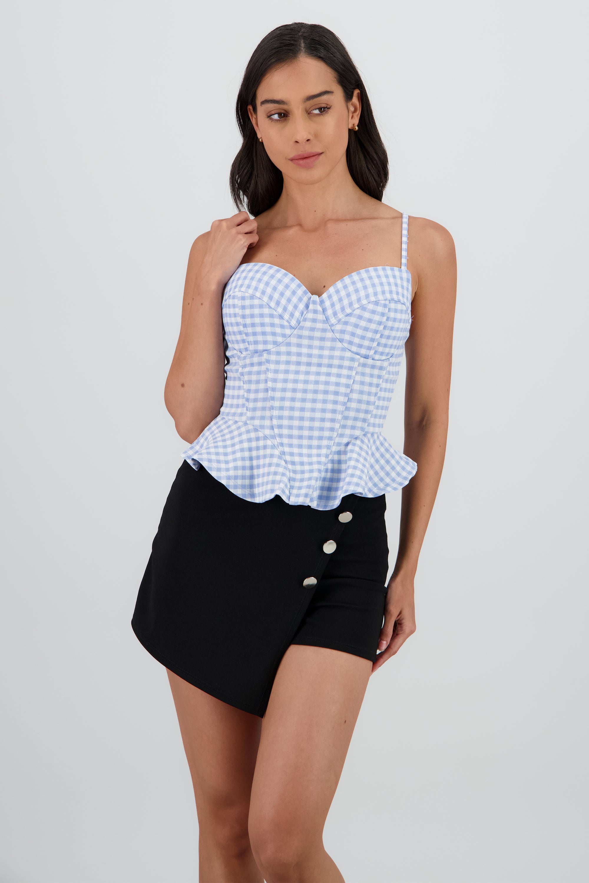 Blusa corset peplum estampado gingham AZUL