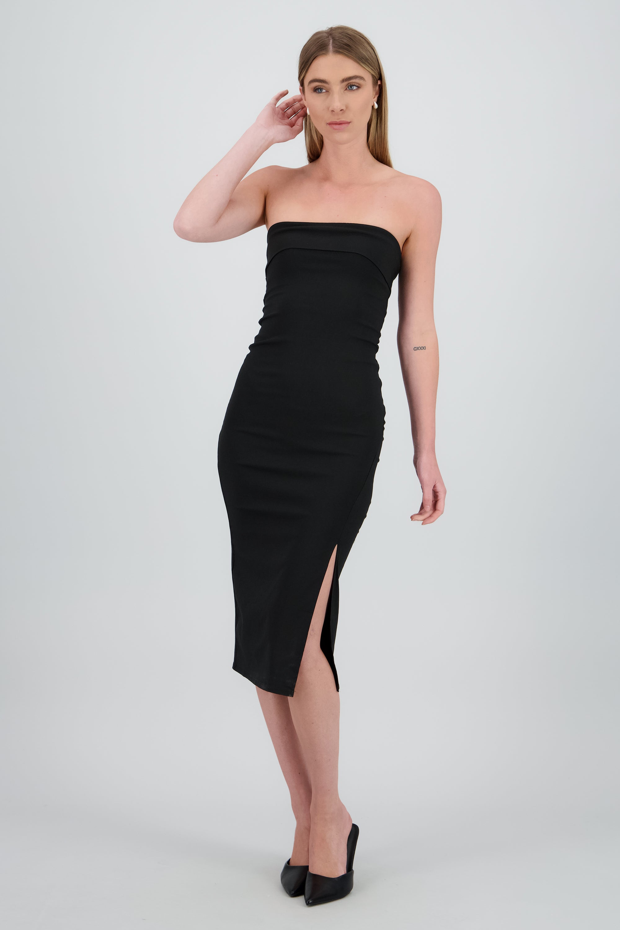 Vestido midi strapless con dobles NEGRO