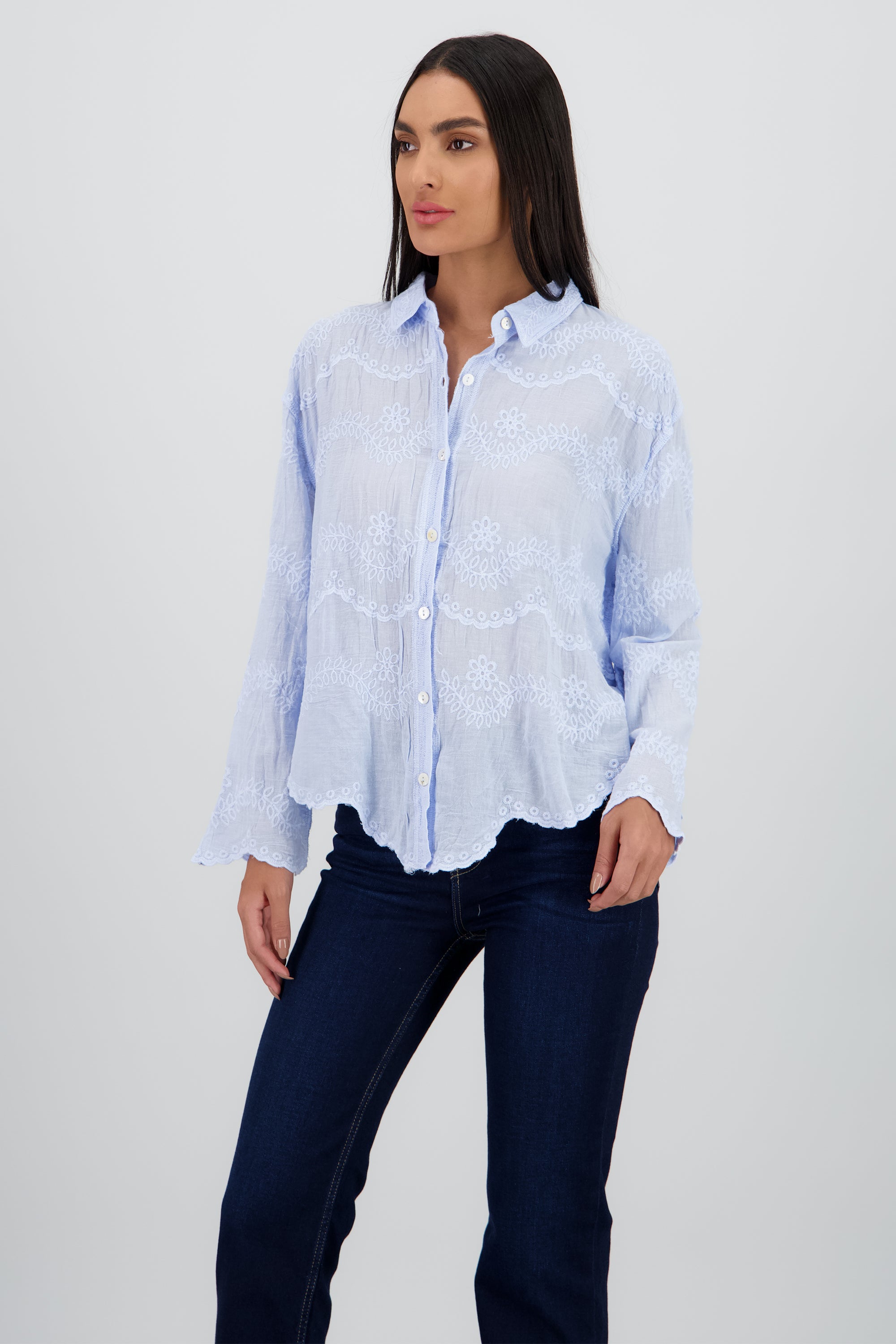 Camisa manga larga detalle cuello bordado botones AZUL