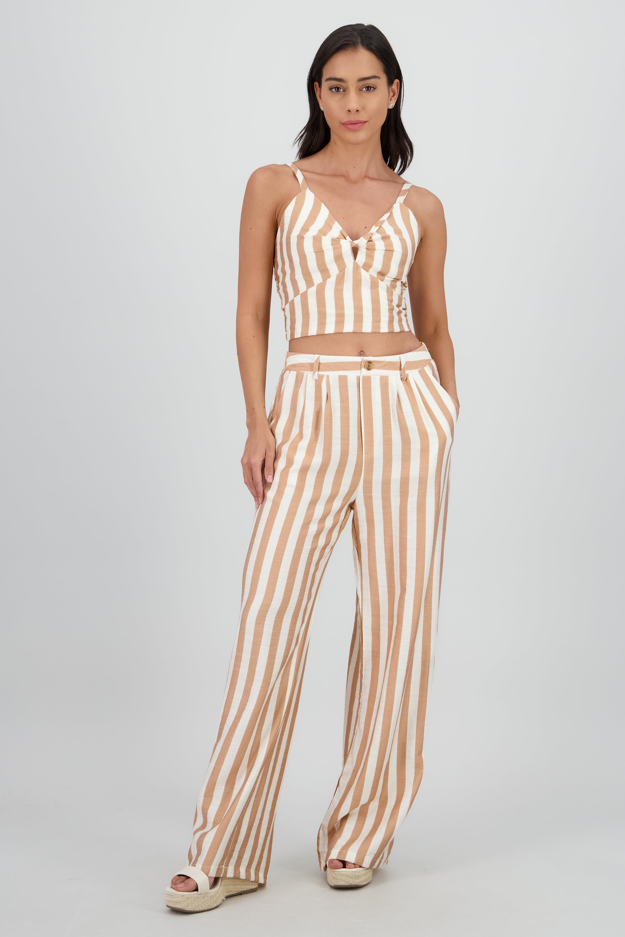 Pantalon amplio rayas detalle boton BLANCO COMBO