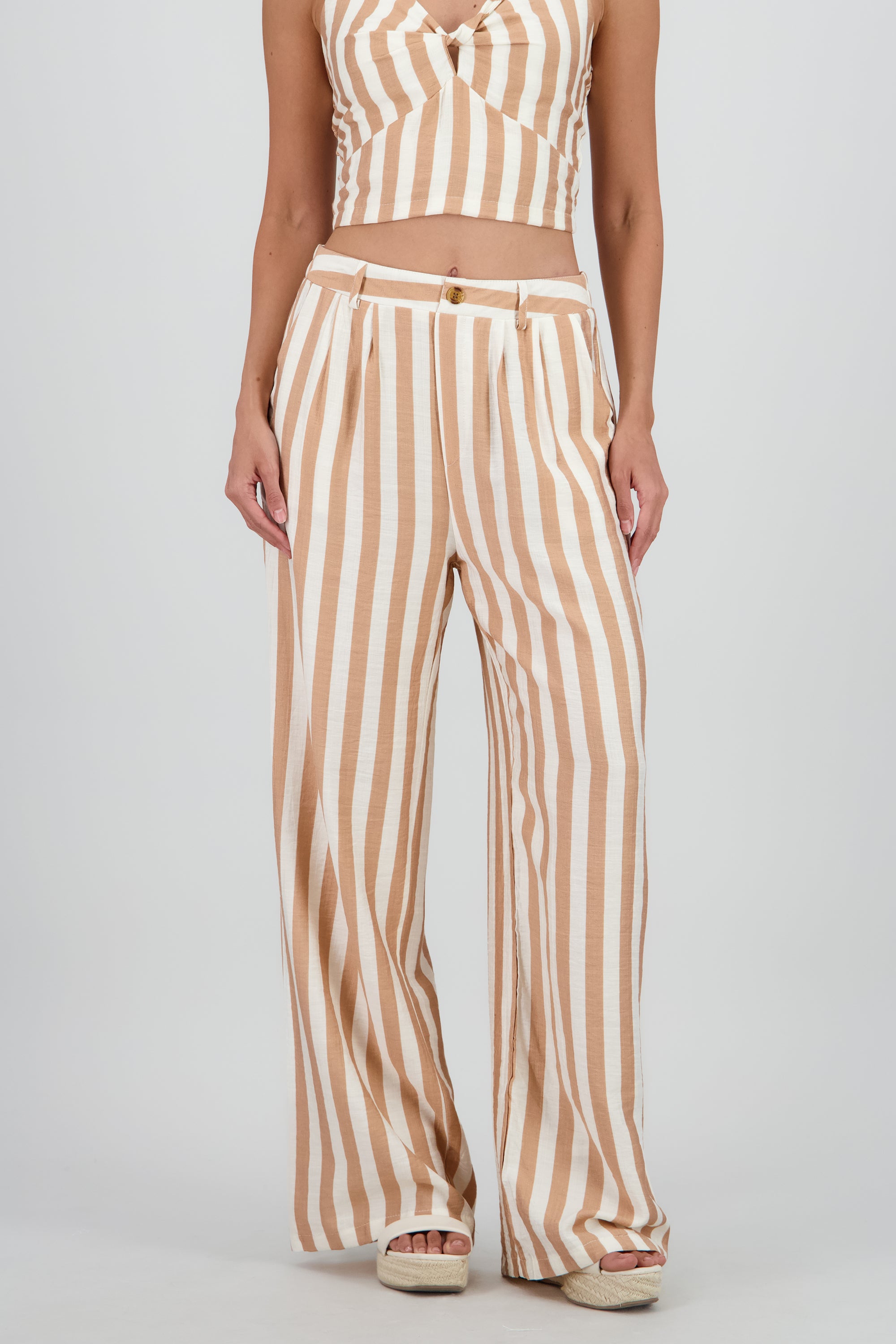 Pantalon amplio rayas detalle boton BLANCO COMBO