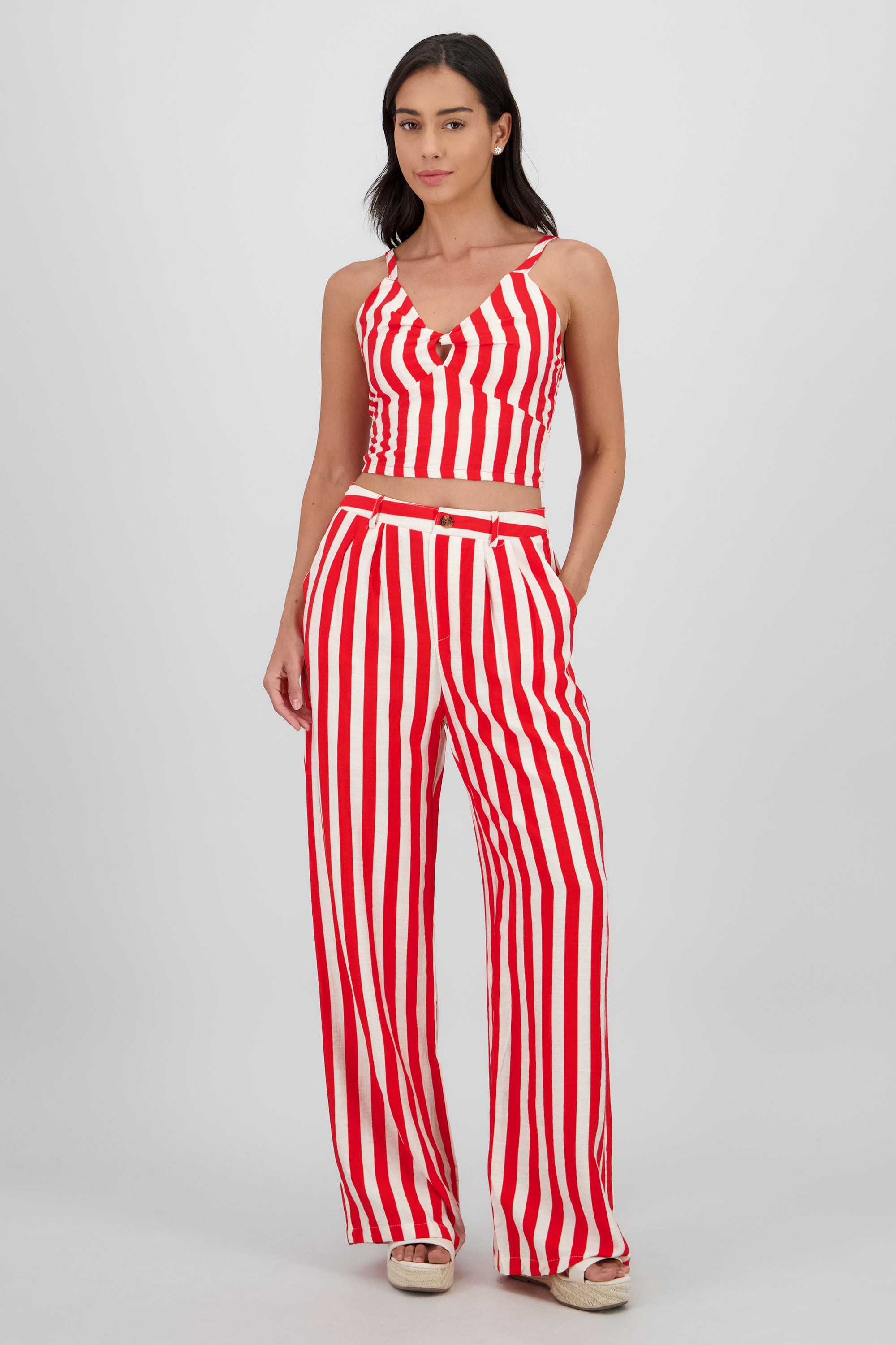 Pantalon amplio rayas detalle boton ROJO COMBO