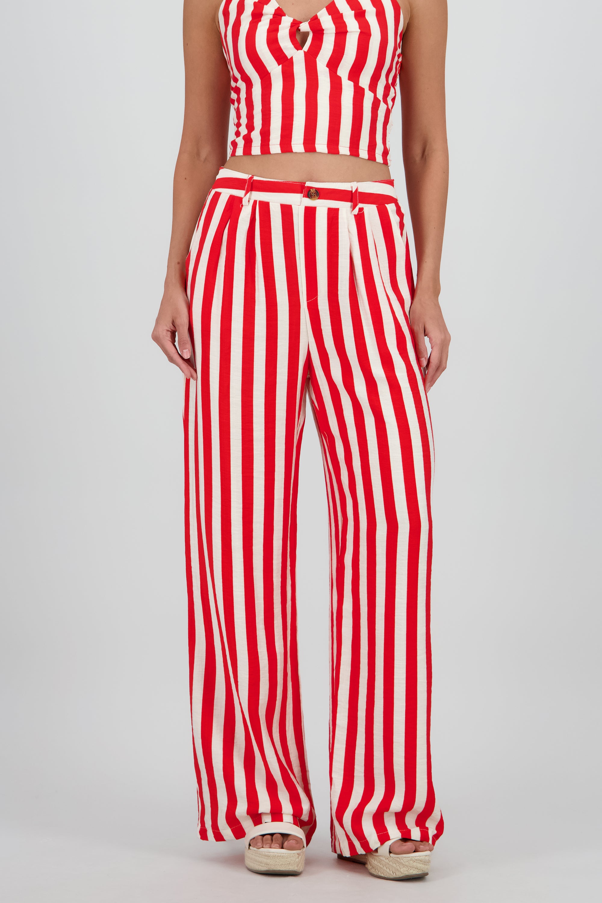 Pantalon amplio rayas detalle boton ROJO COMBO