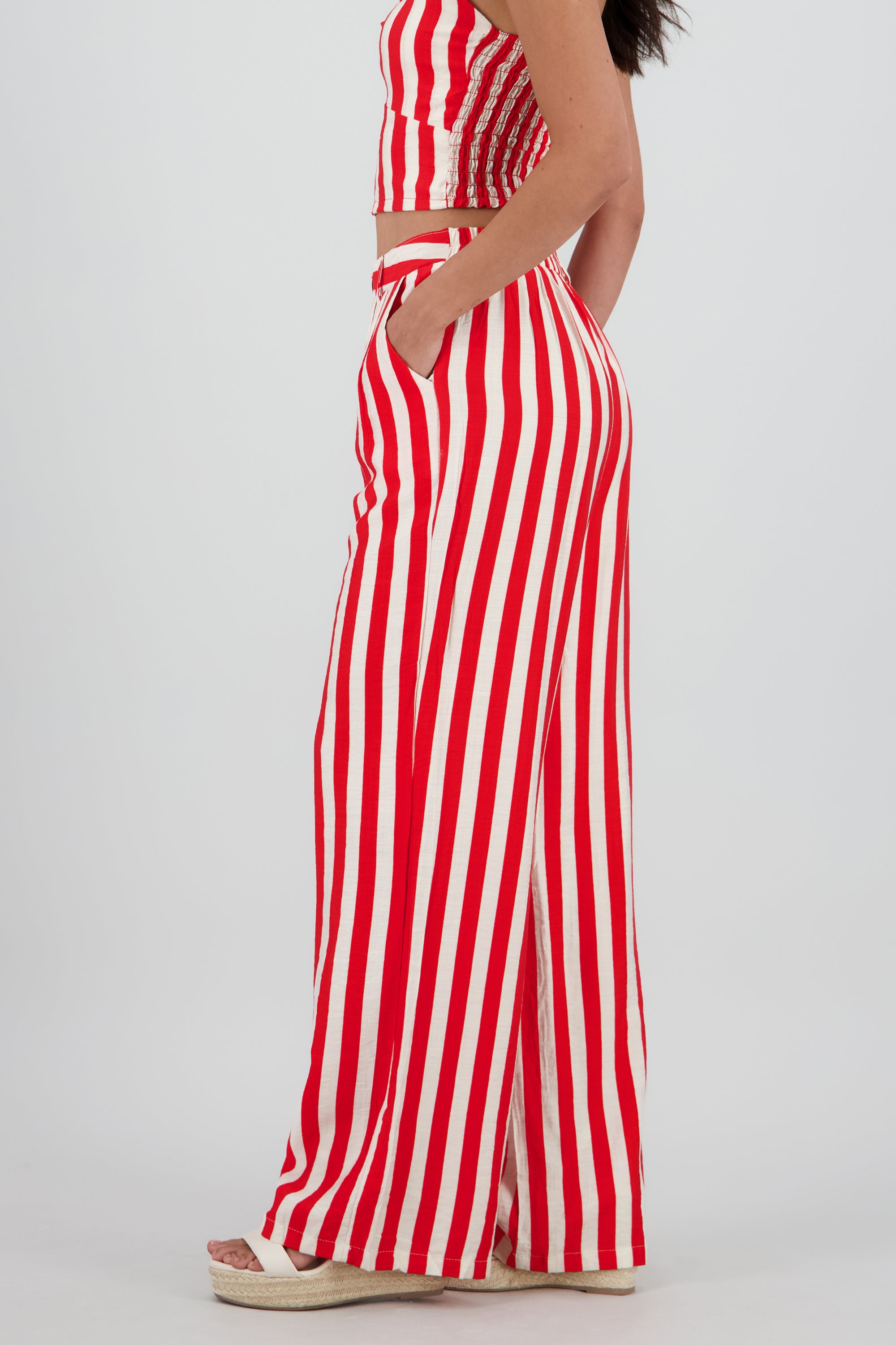 Pantalon amplio rayas detalle boton ROJO COMBO