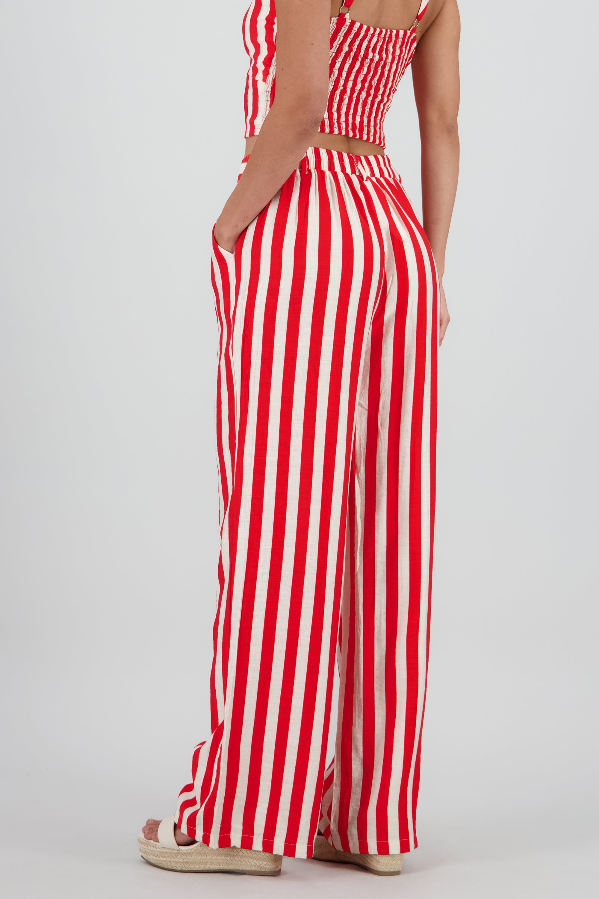 Pantalon amplio rayas detalle boton ROJO COMBO