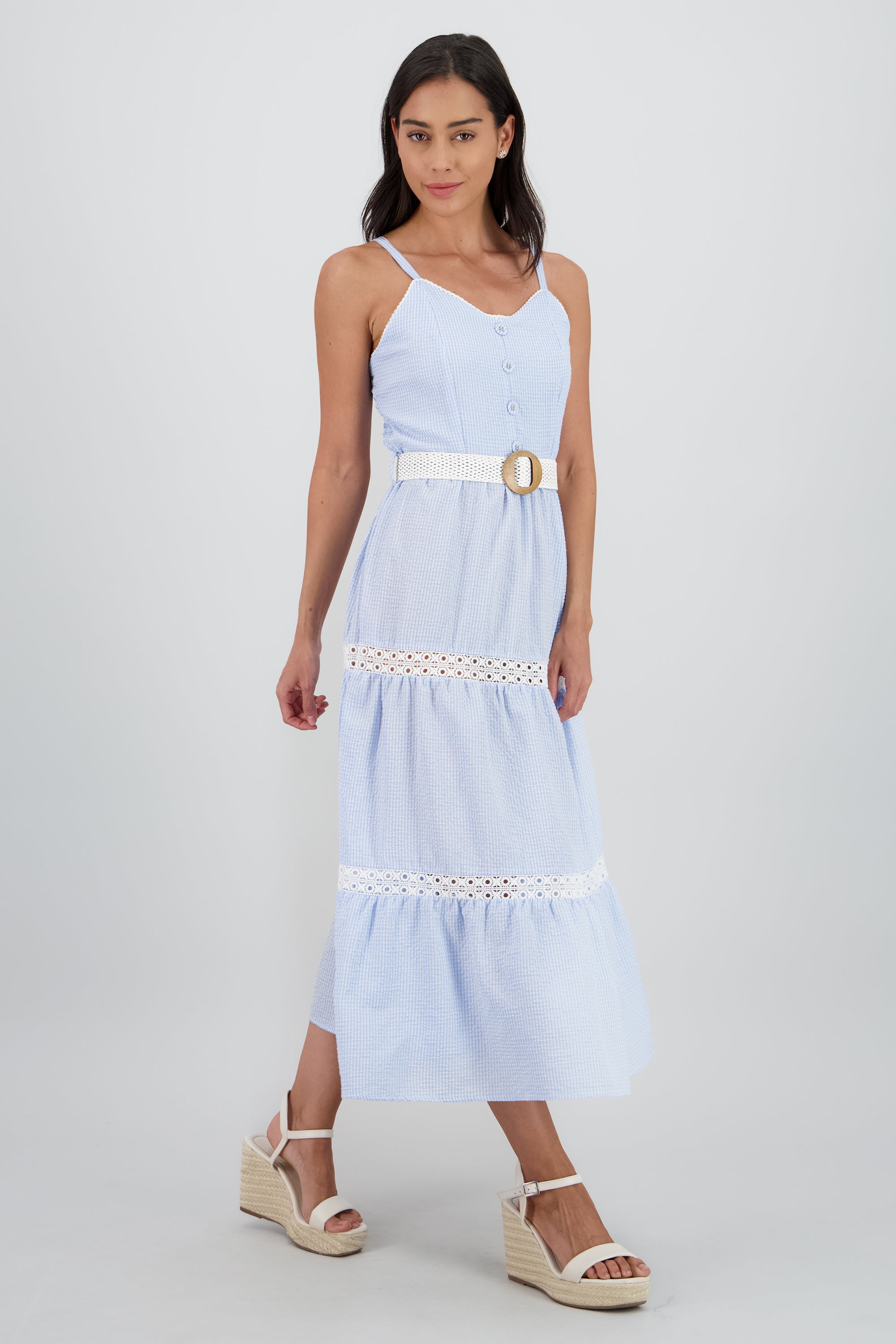 Vestido midi olanes detalle cinturon AZUL