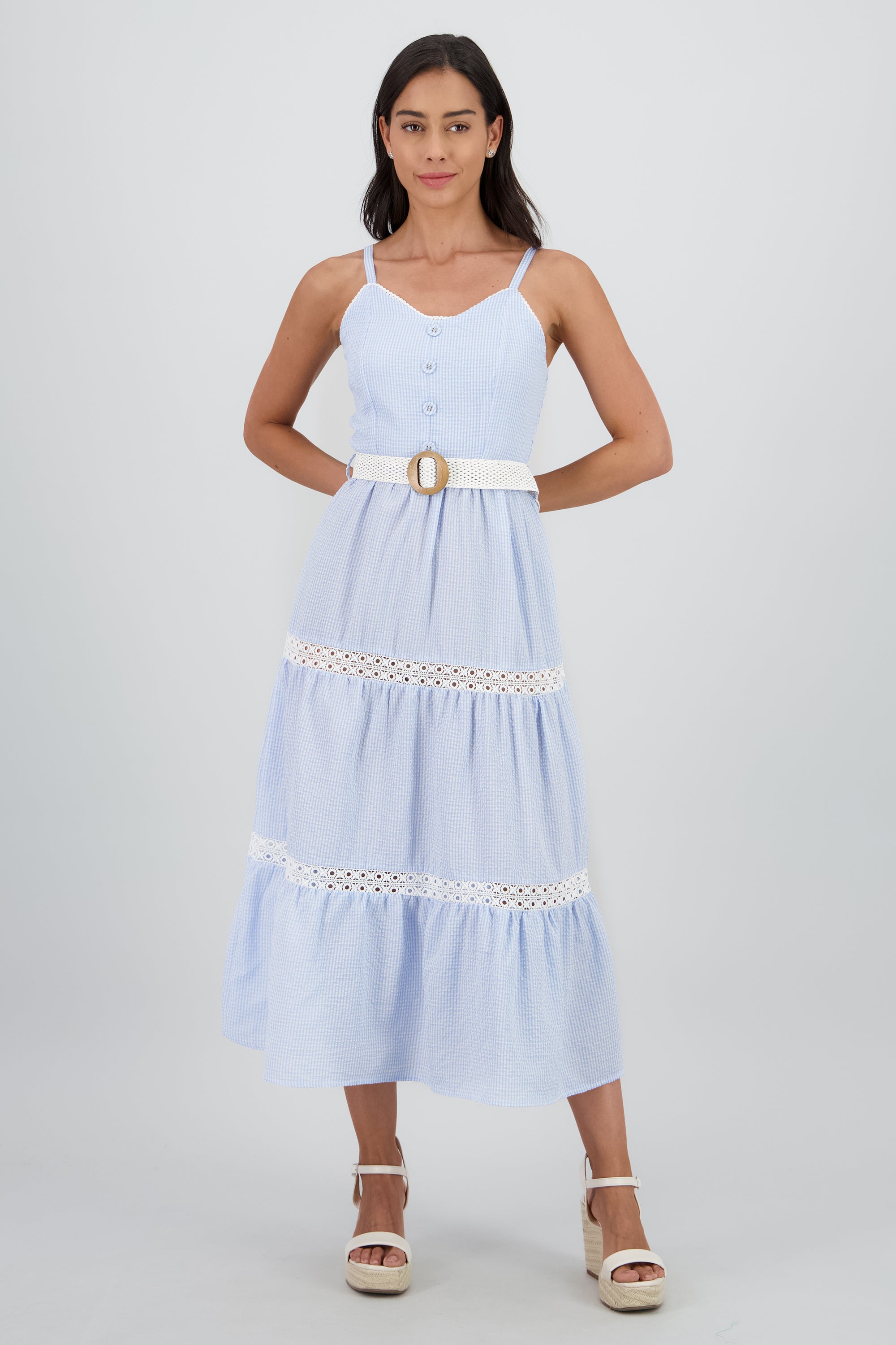 Vestido midi olanes detalle cinturon AZUL