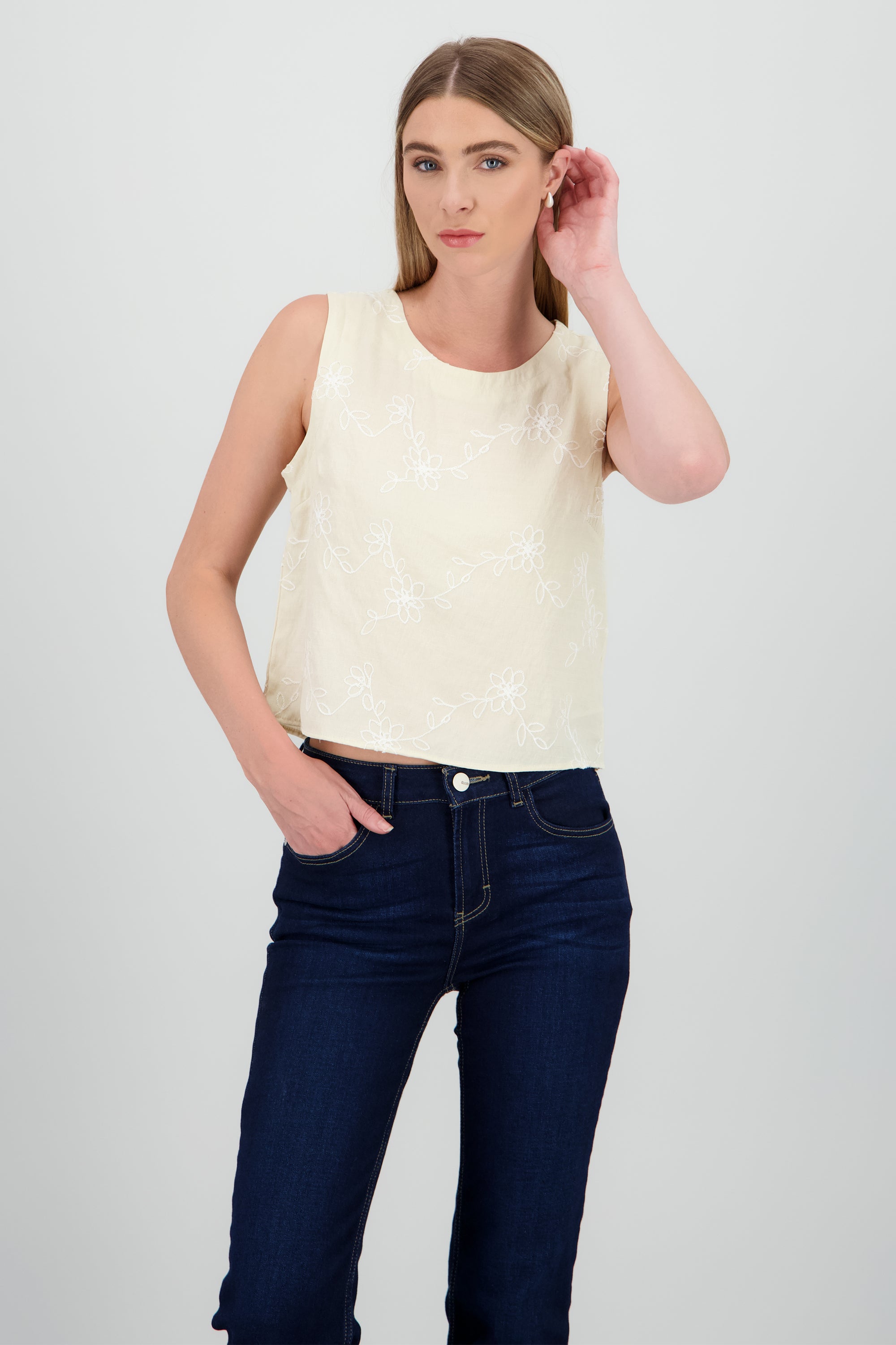 Top sin manga cuello redondo bordado BEIGE