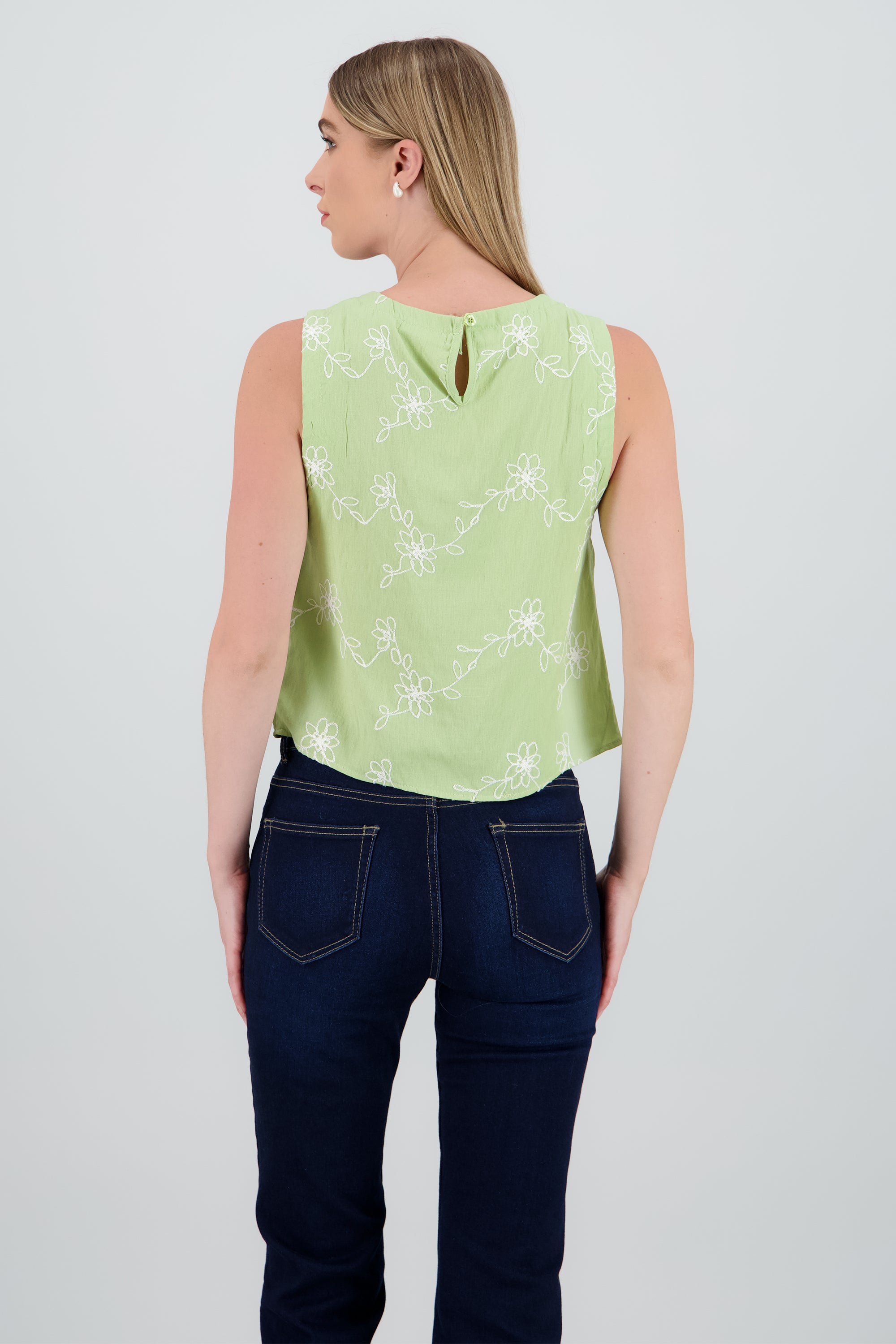 Top sin manga cuello redondo bordado VERDE