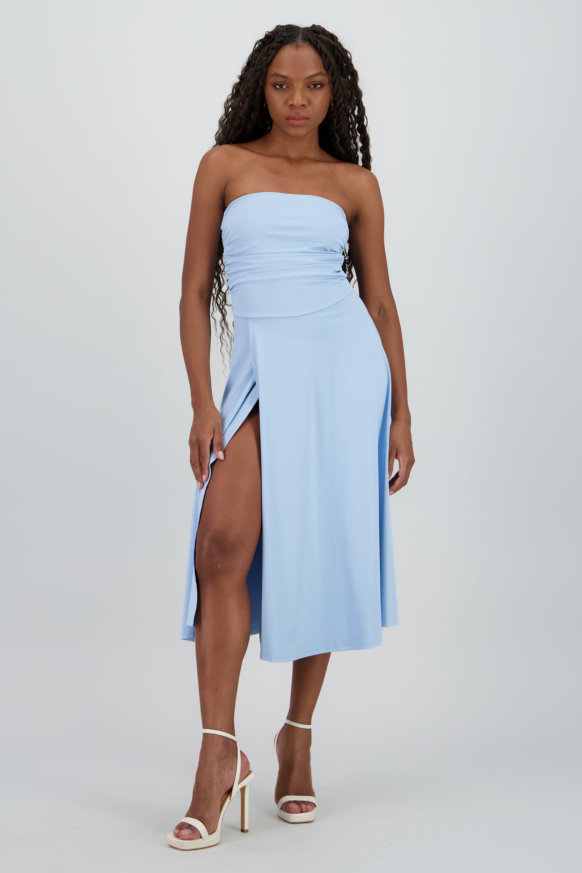 Vestido mini drapeado strapless AZUL PASTEL