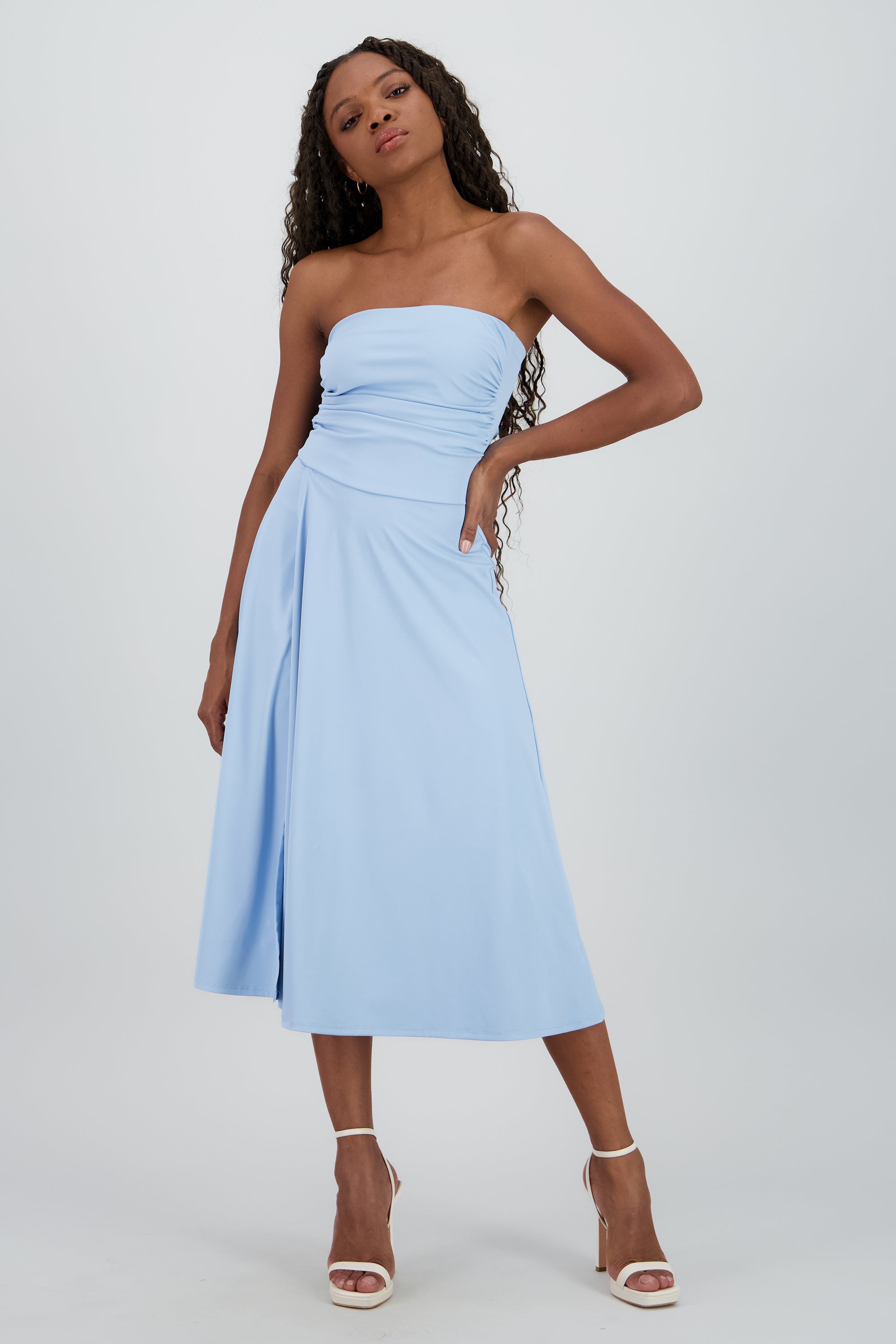 Vestido mini drapeado strapless AZUL PASTEL