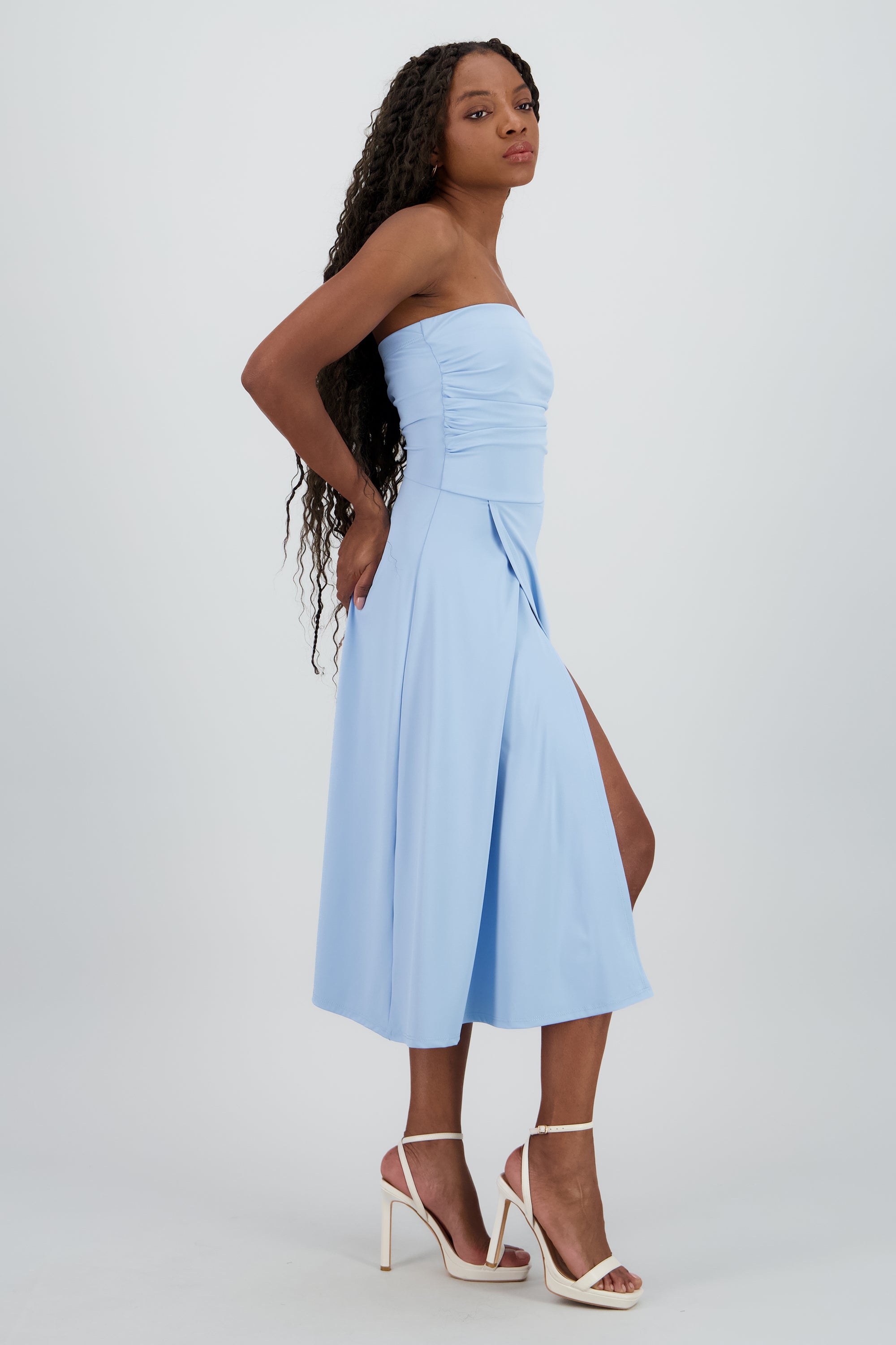 Vestido mini drapeado strapless AZUL PASTEL