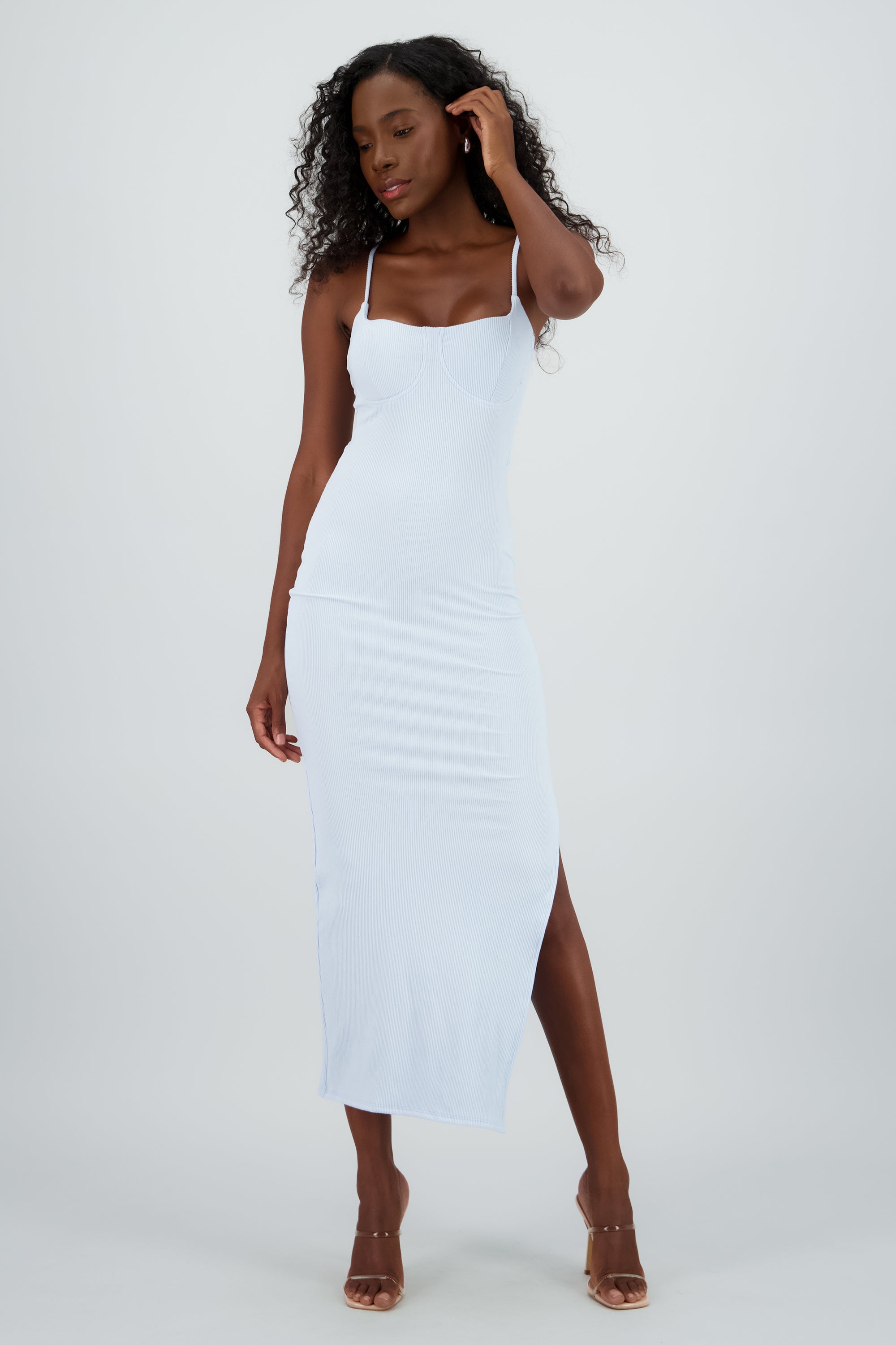 Vestido midi copas rib AZUL PASTEL