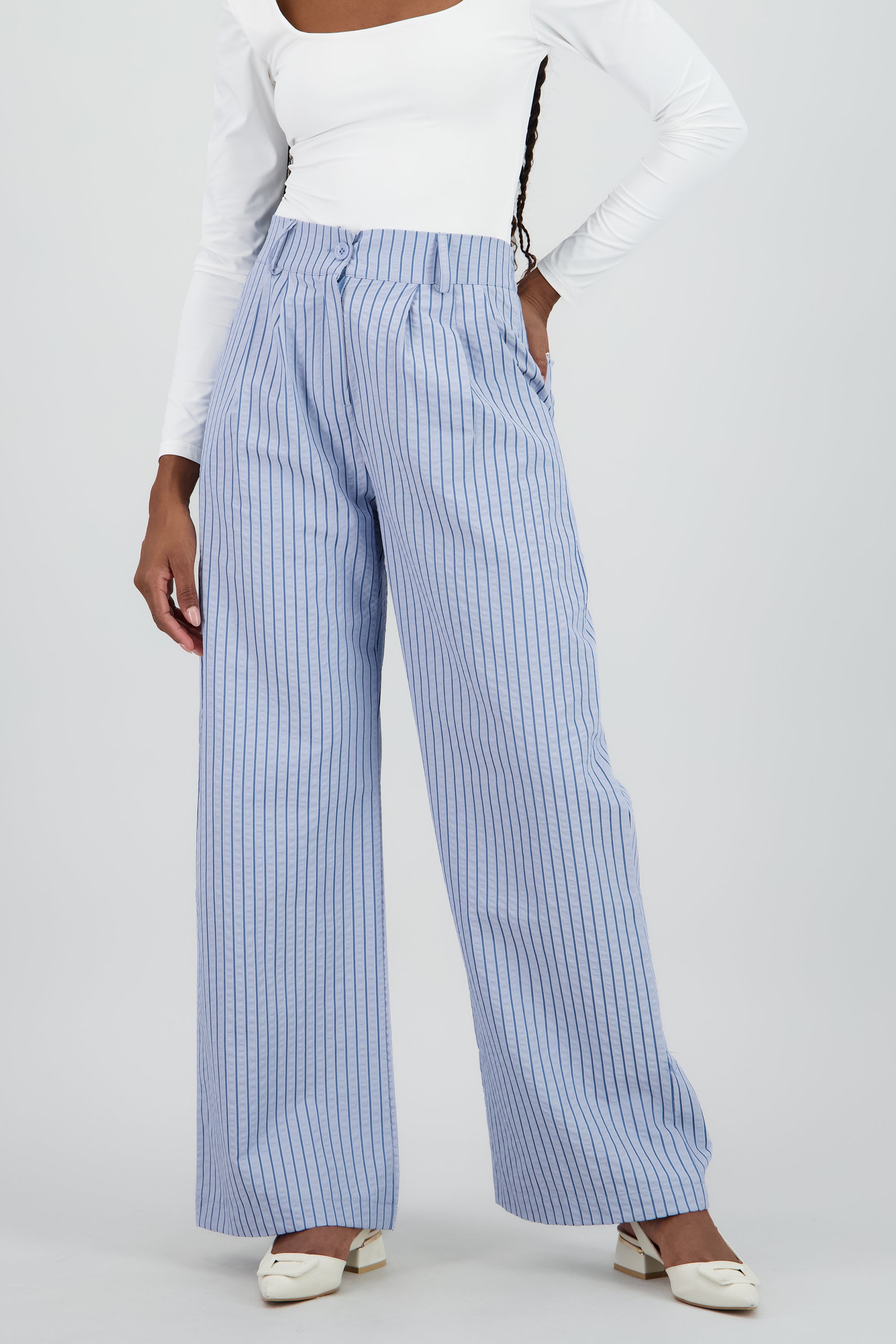 Pantalon fluido wide leg detalle rayas AZUL COMBO