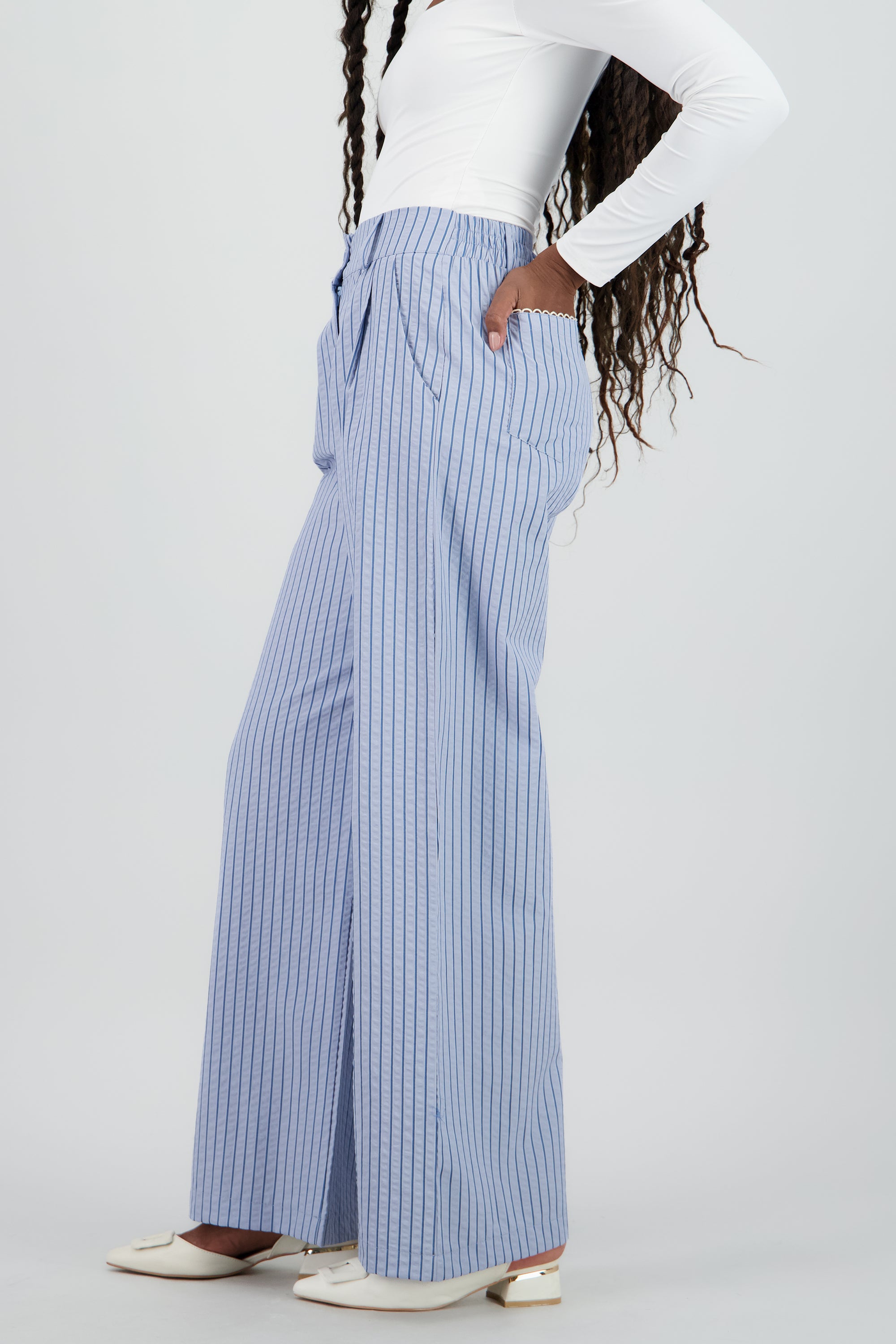 Pantalon fluido wide leg detalle rayas AZUL COMBO