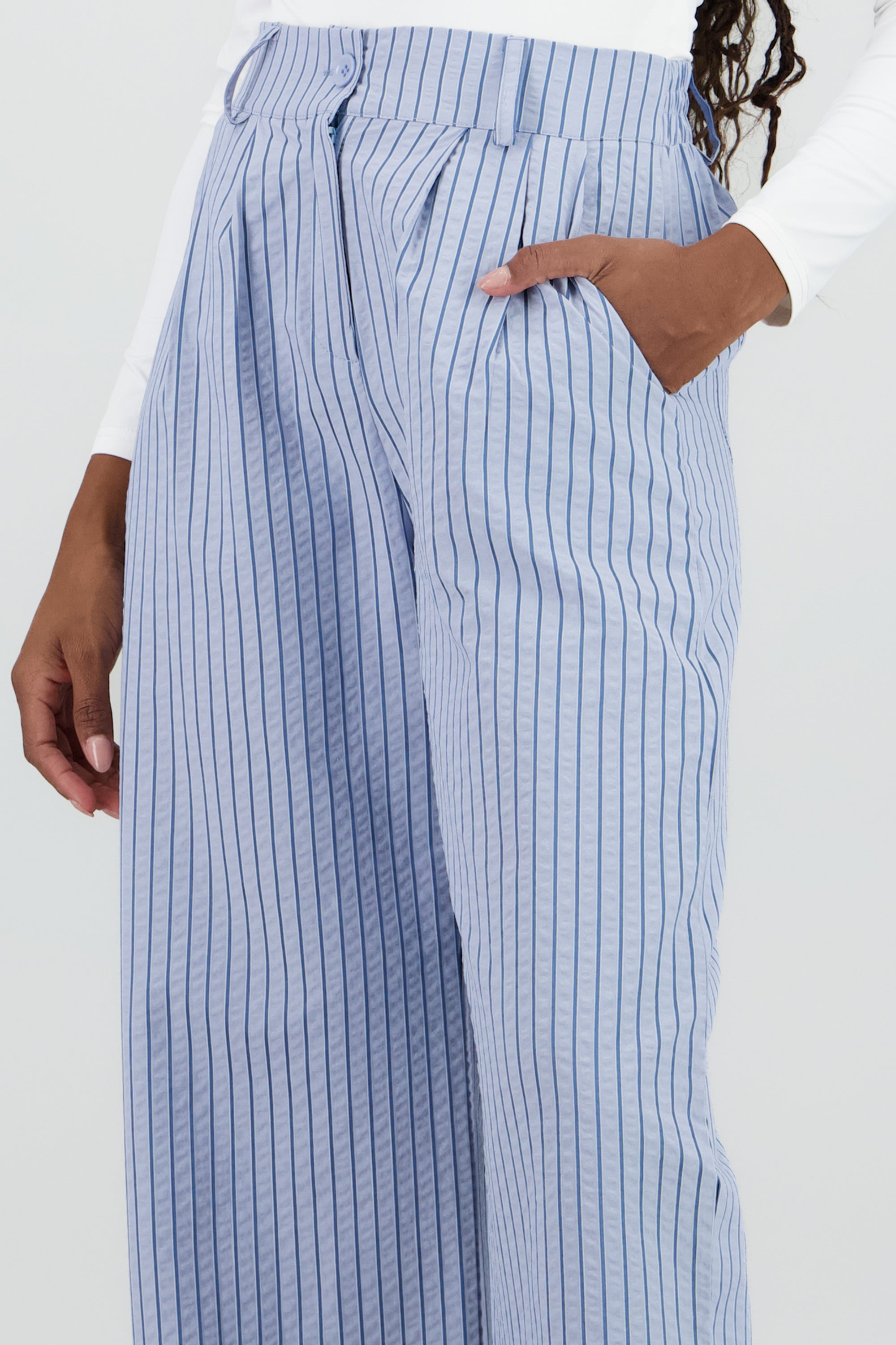 Pantalon fluido wide leg detalle rayas AZUL COMBO
