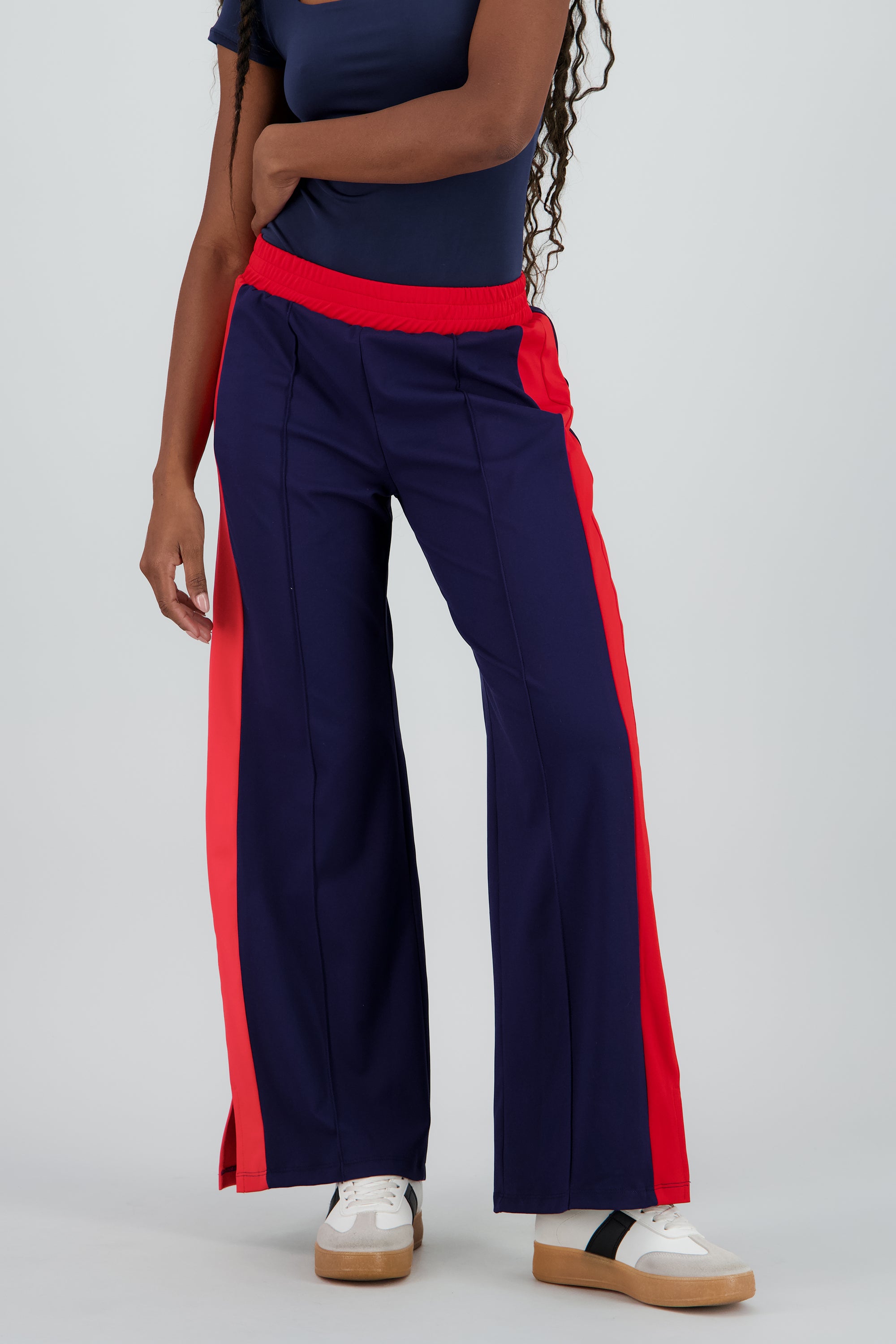 Pantalon wide leg fluido detalle franja contraste AZUL COMBO