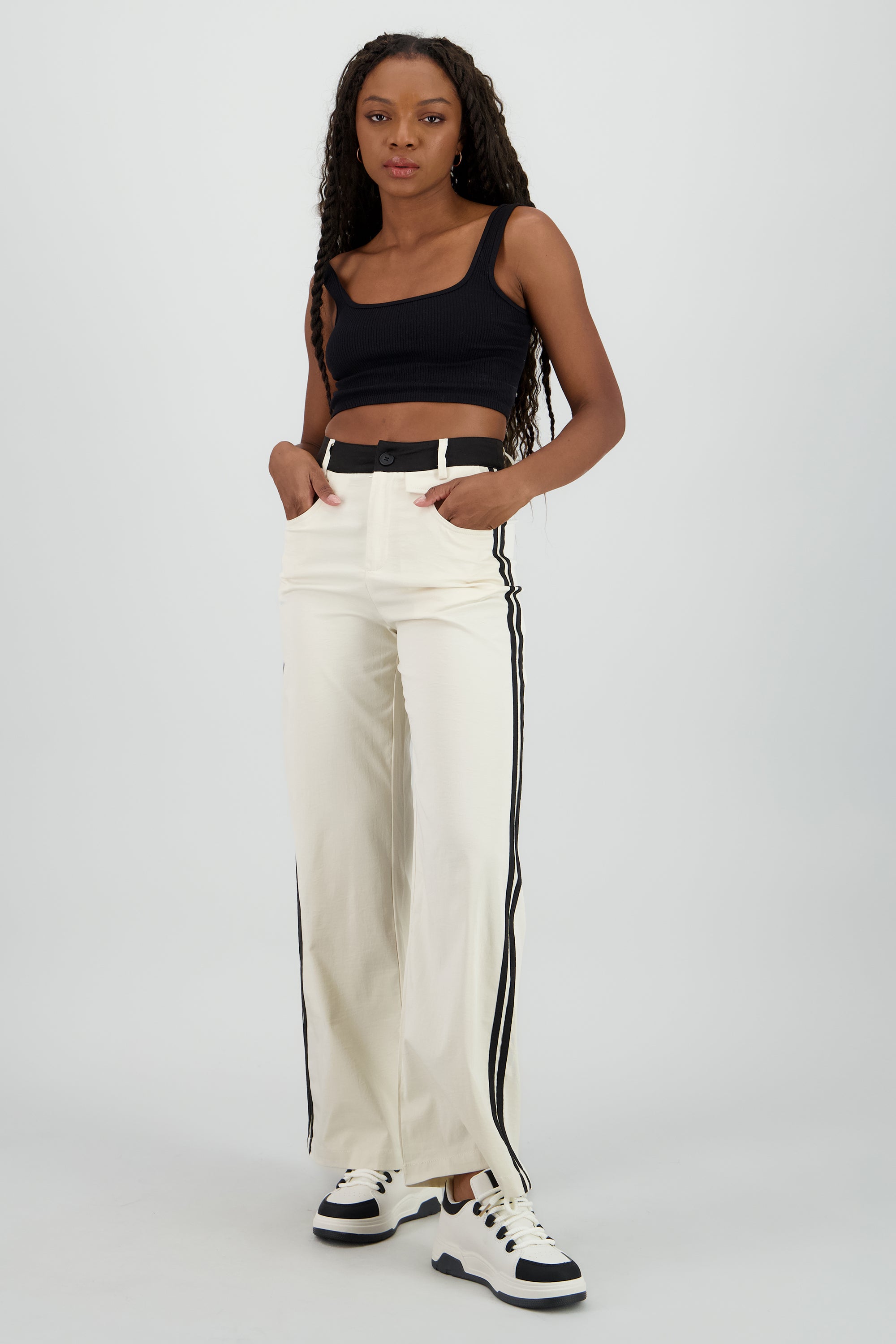 Pantalon fluido detalle contraste franja BEIGE