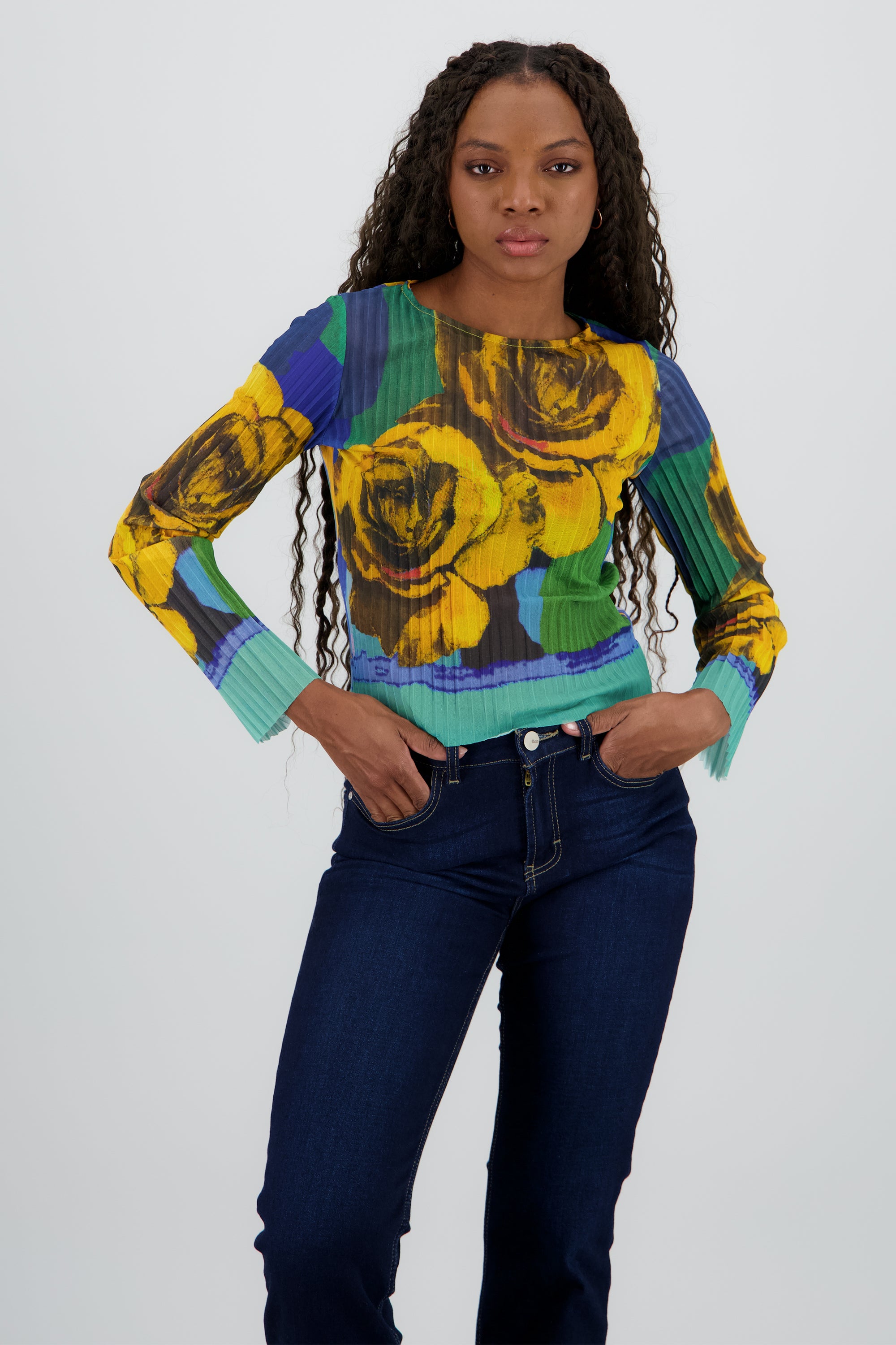 Blusa mesh estampado flores digital AMARILLO