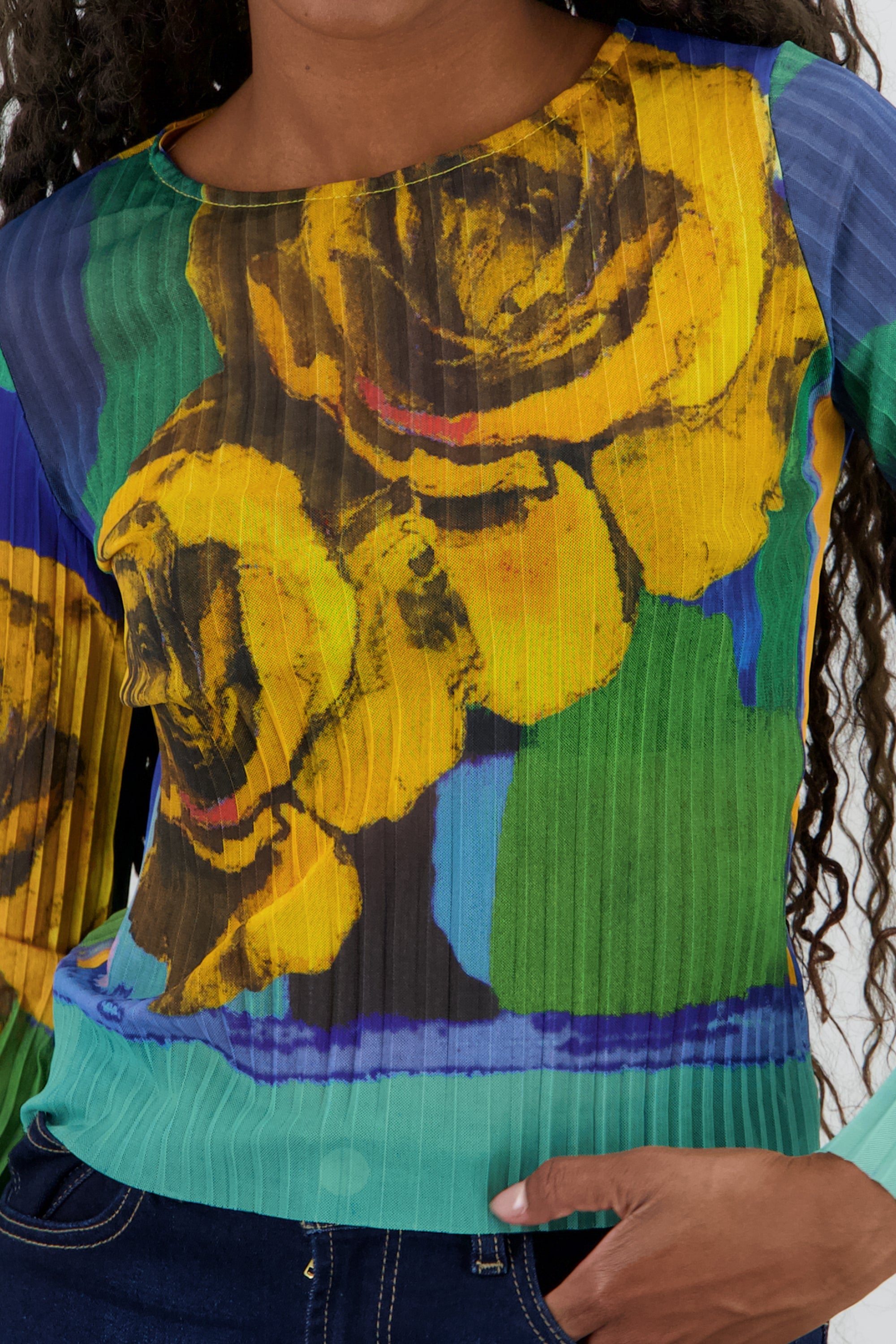 Blusa mesh estampado flores digital AMARILLO