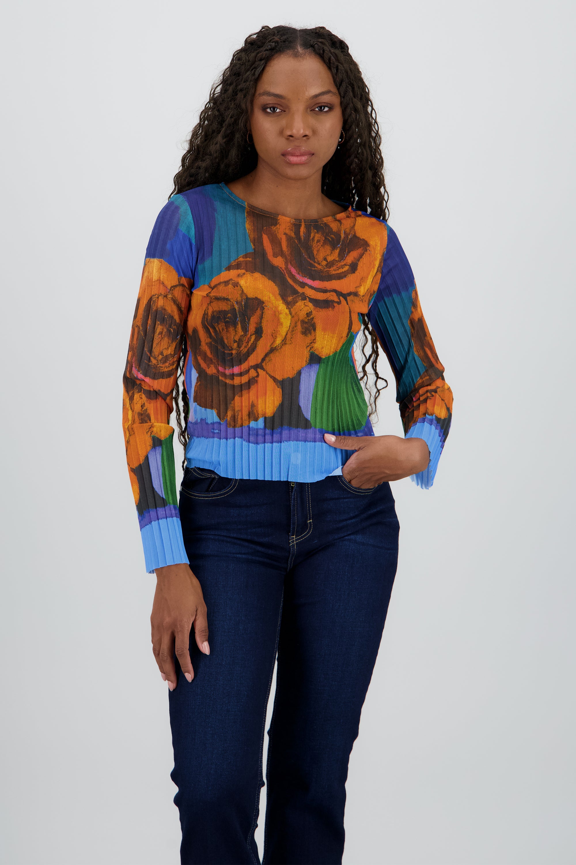 Blusa mesh estampado flores digital NARANJA