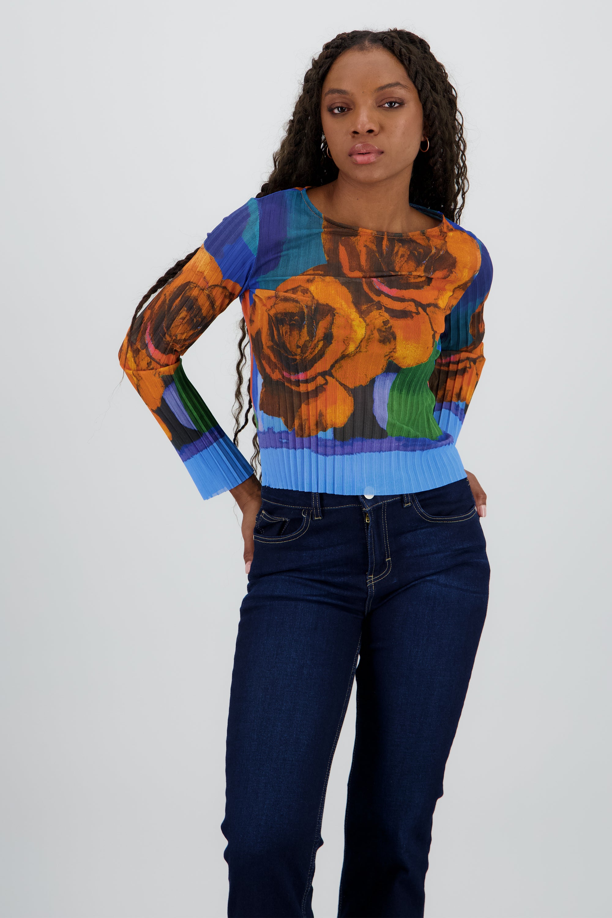 Blusa mesh estampado flores digital NARANJA