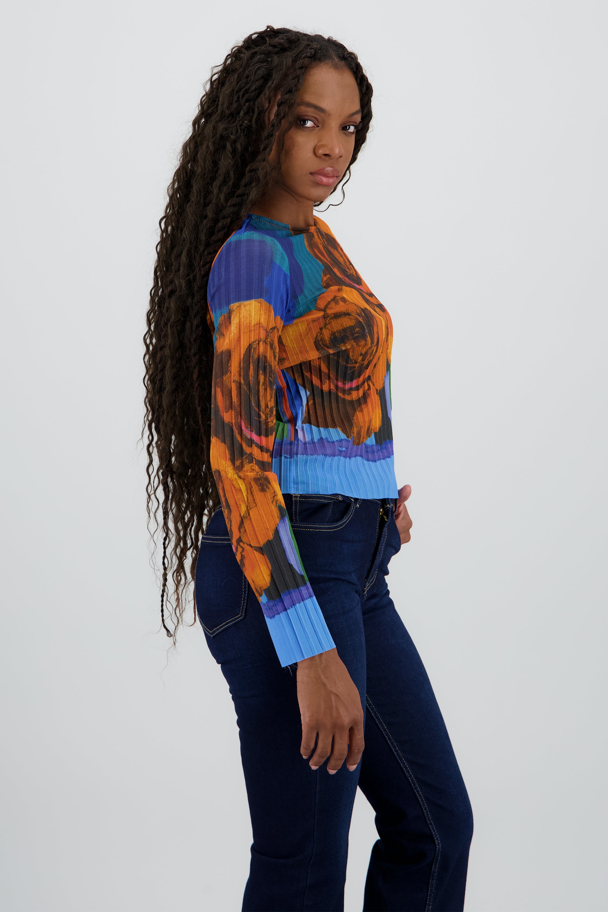 Blusa mesh estampado flores digital NARANJA