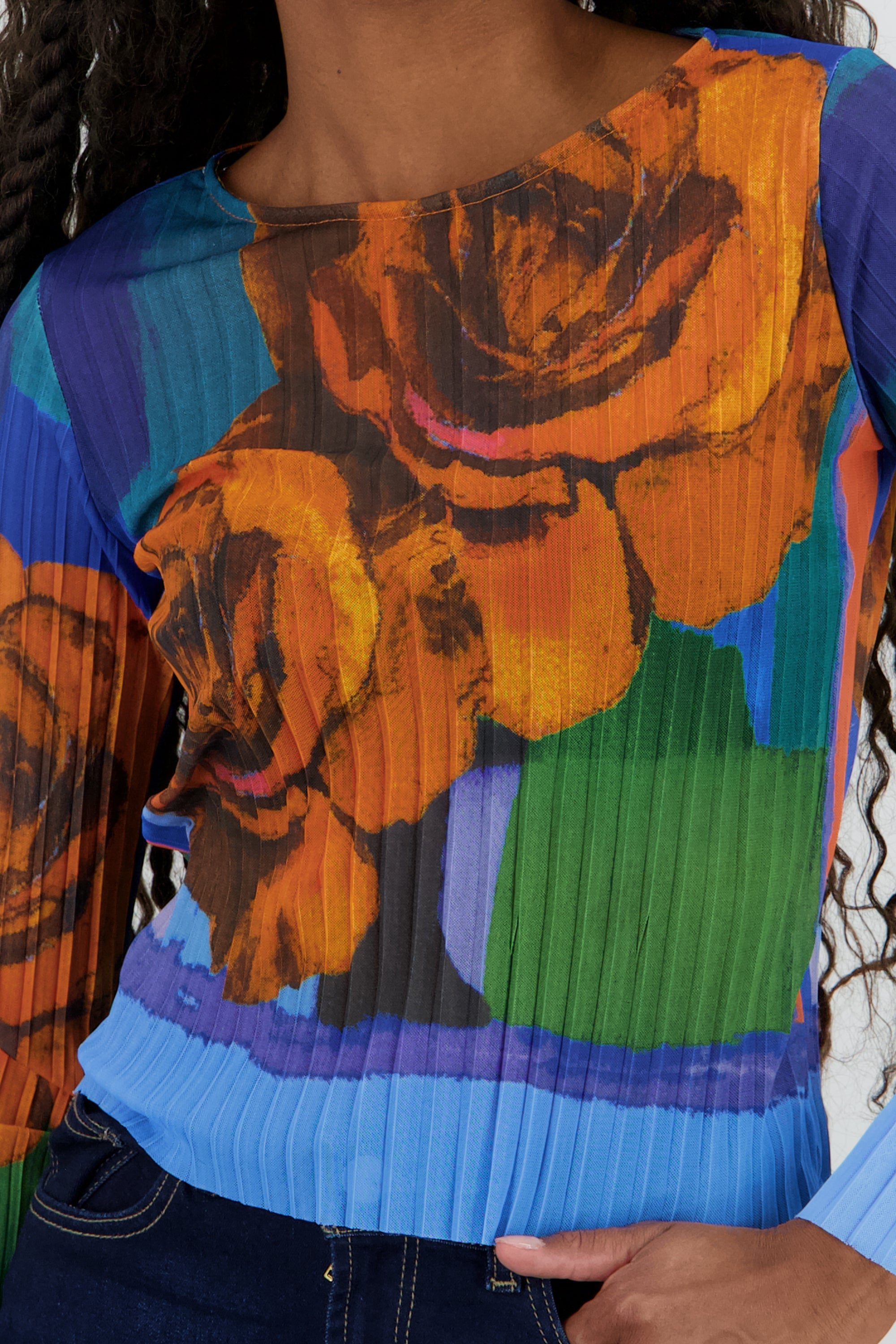Blusa mesh estampado flores digital NARANJA