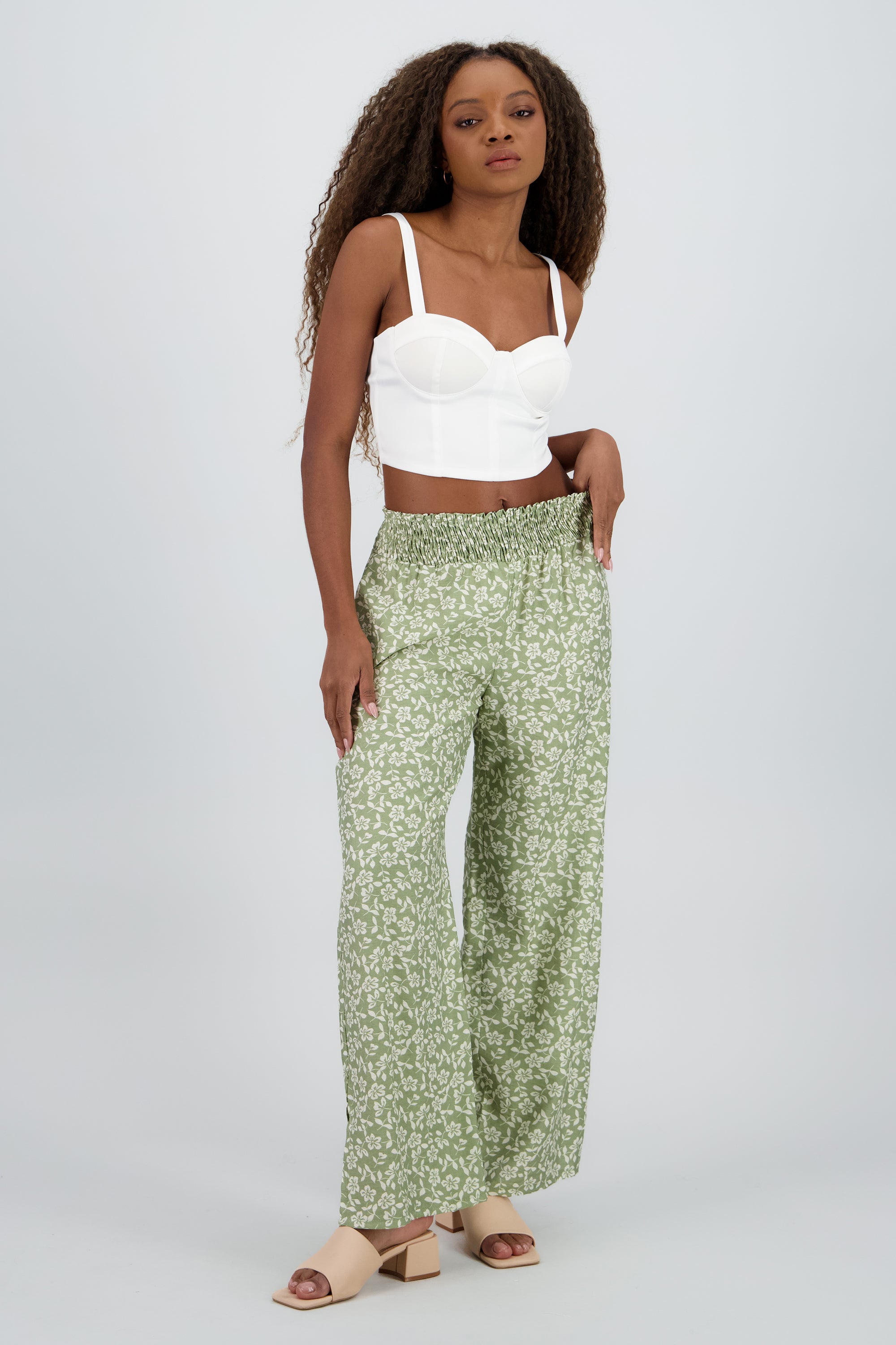 Pantalon amplio detalle smock cintura OLIVO COMBO