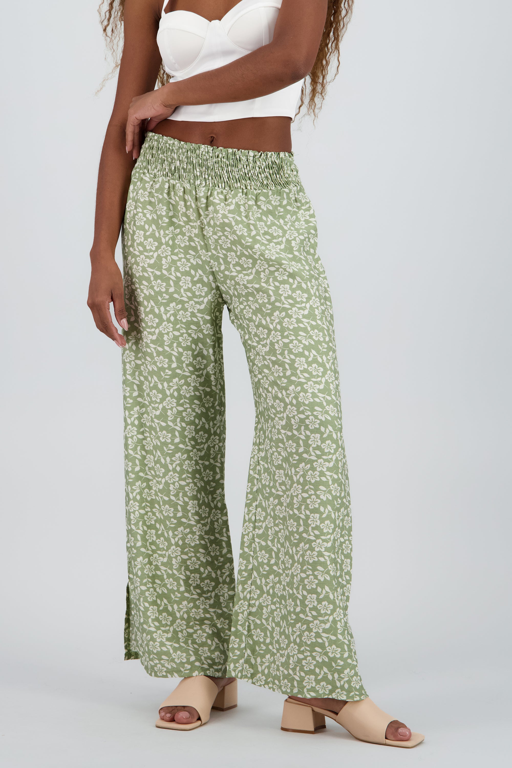 Pantalon amplio detalle smock cintura OLIVO COMBO