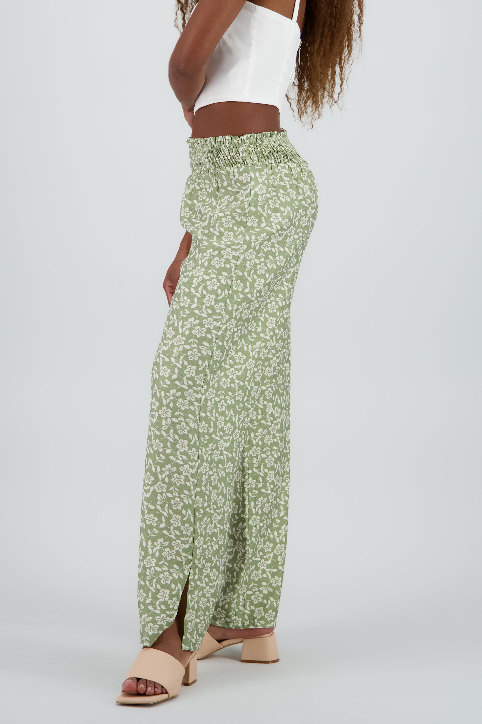 Pantalon amplio detalle smock cintura OLIVO COMBO